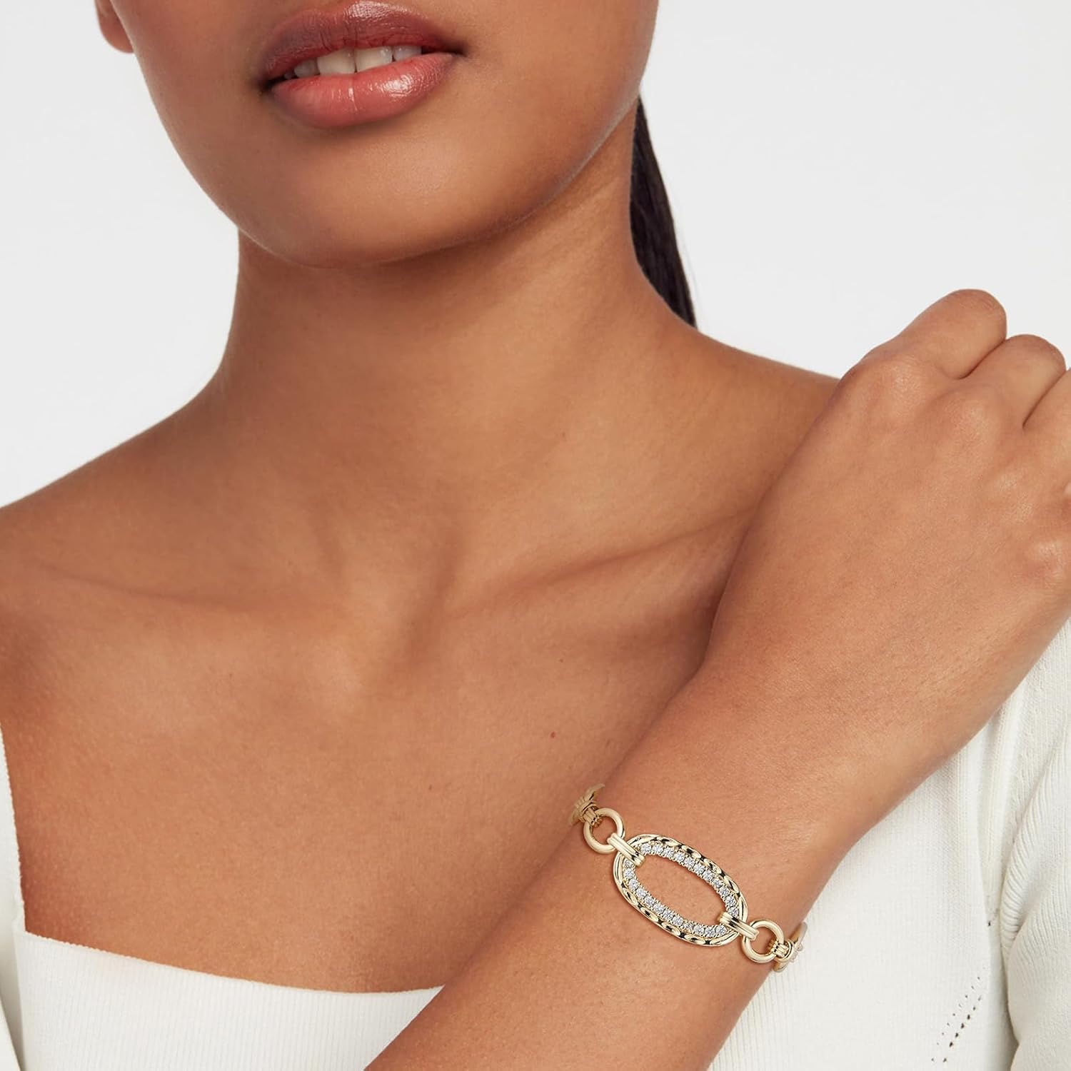 HZMAN Premium Statement Rhinestone Bracelet for Women, Oval Link Chain with Sparkling Crystals, Brass Adjustable Bangle Jewelry Gift - Image 2