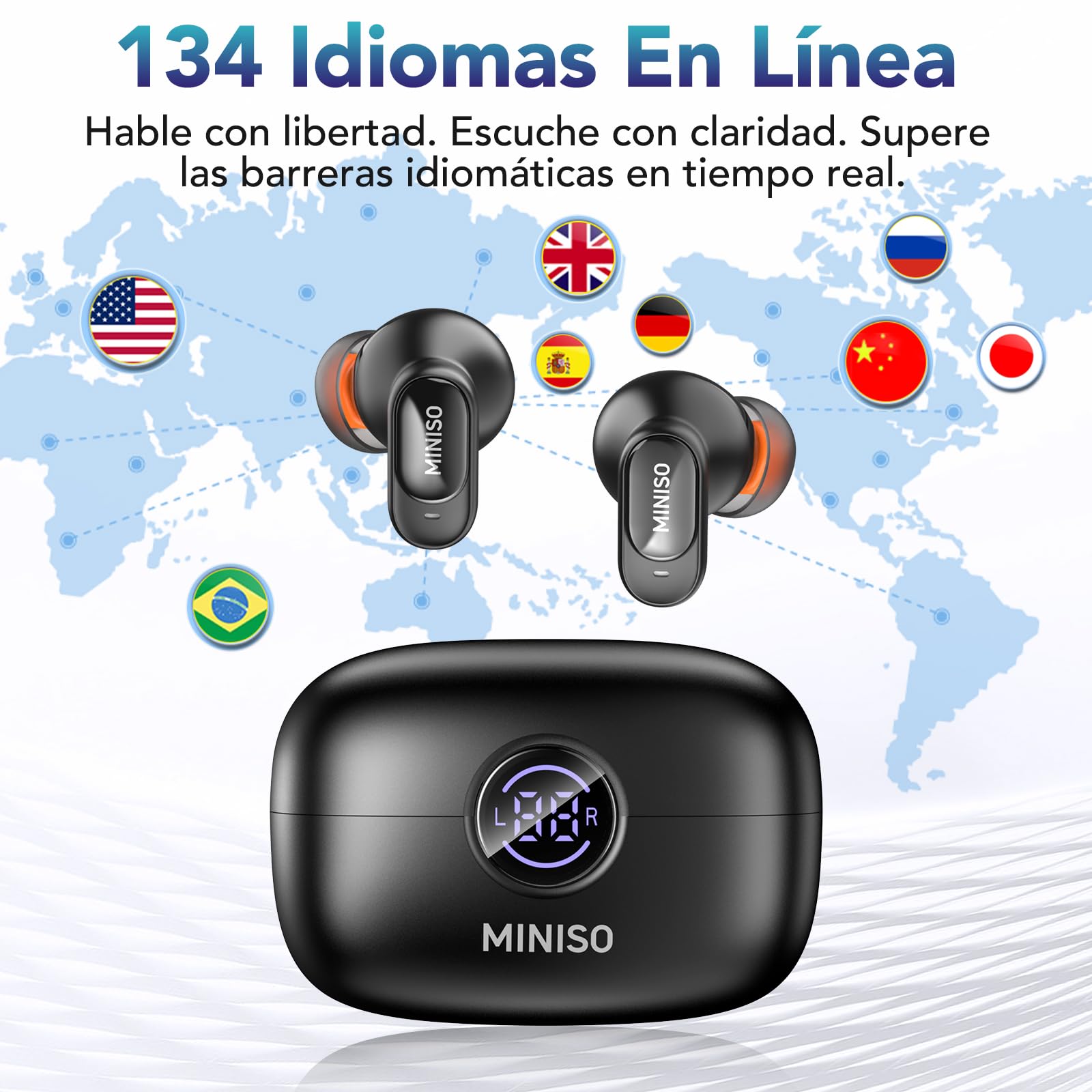MINISO MS105 Auriculares de traducción en Tiempo Real con aplicación, 134 Idiomas, traductor de Auriculares en Tiempo Real, Auriculares Abiertos de 60H para iOS y Android, Viajes y Viajes