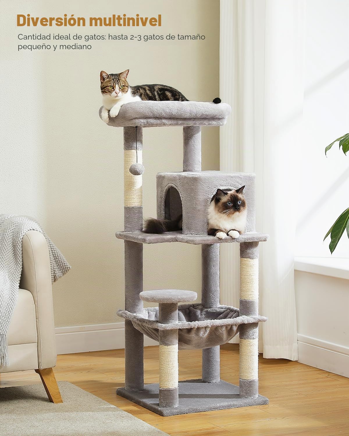 PAWZ Road Árbol para gatos con hamaca de peluche de metal, torre para gatos adultos con casa condo de 2 puertas, gris, 116 cm