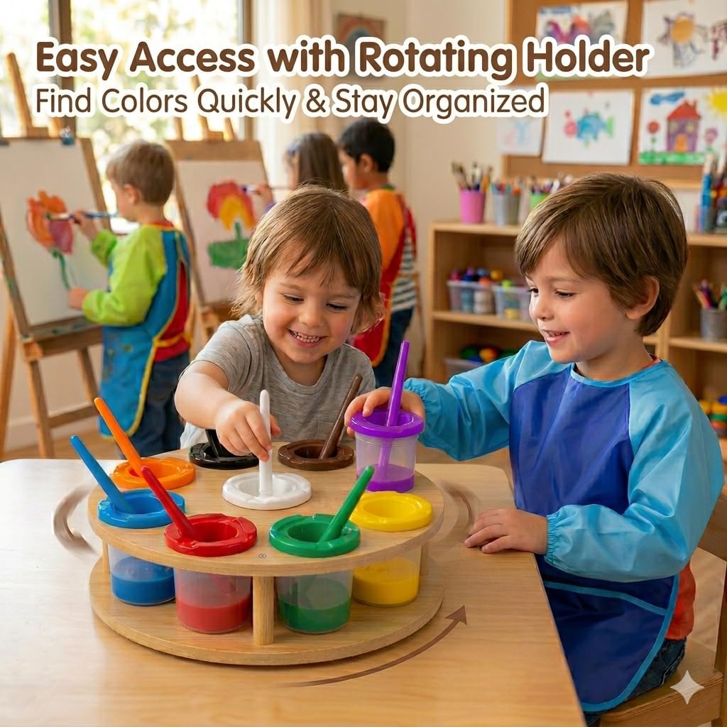 9 Pcs No Spill Paint Cups with Lids for Kids, Spill Proof Paint Cups with Rotating Holder, Paint Brush, Kids Art Smock Included, Painting Supplies for Classroom, Preschool