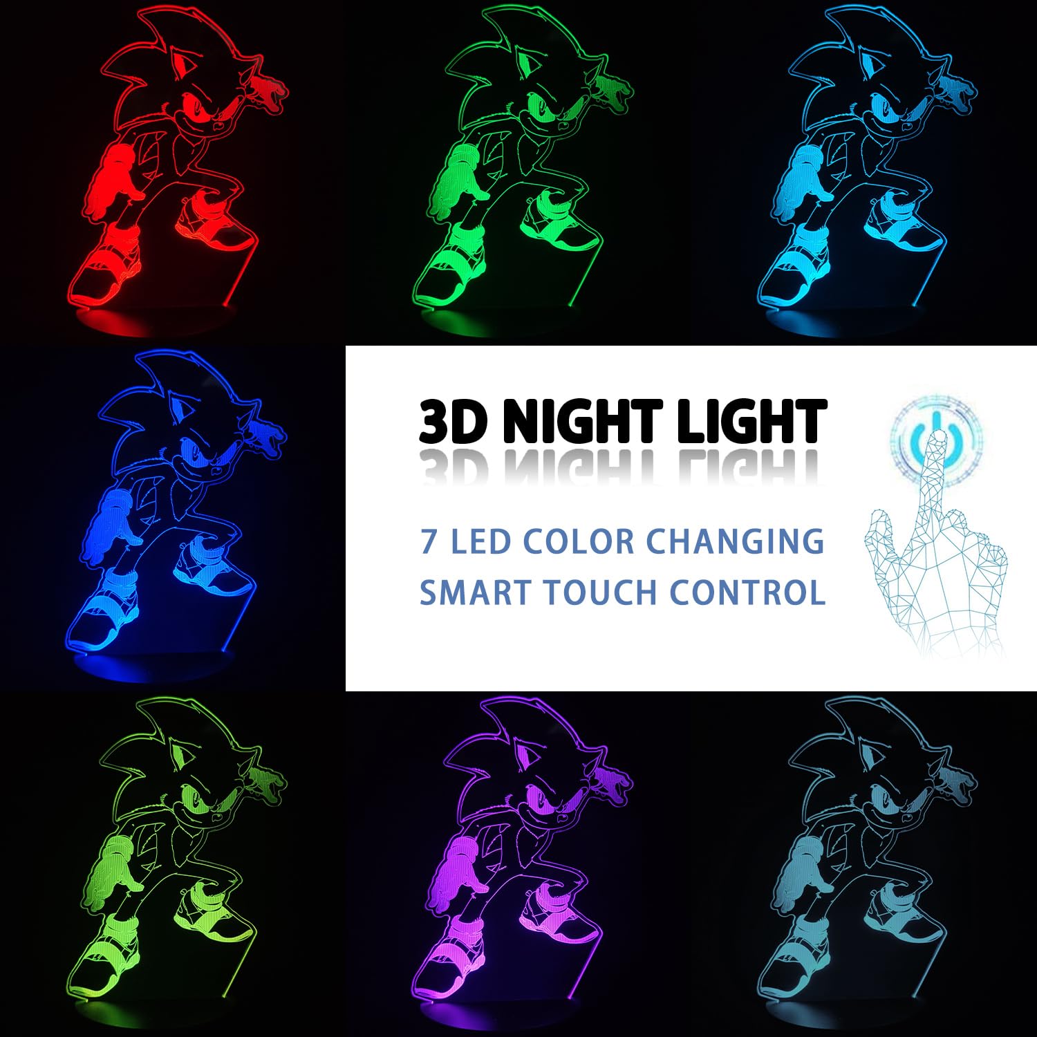 AIRUEEK Sonic Hedgehog Lampada 3D Luce Notturna Bambini-16 Variazioni Colore 1 Telecomando-Decorazione Regali Anime Gadget Per Bambino Ragazzo sonic Fans