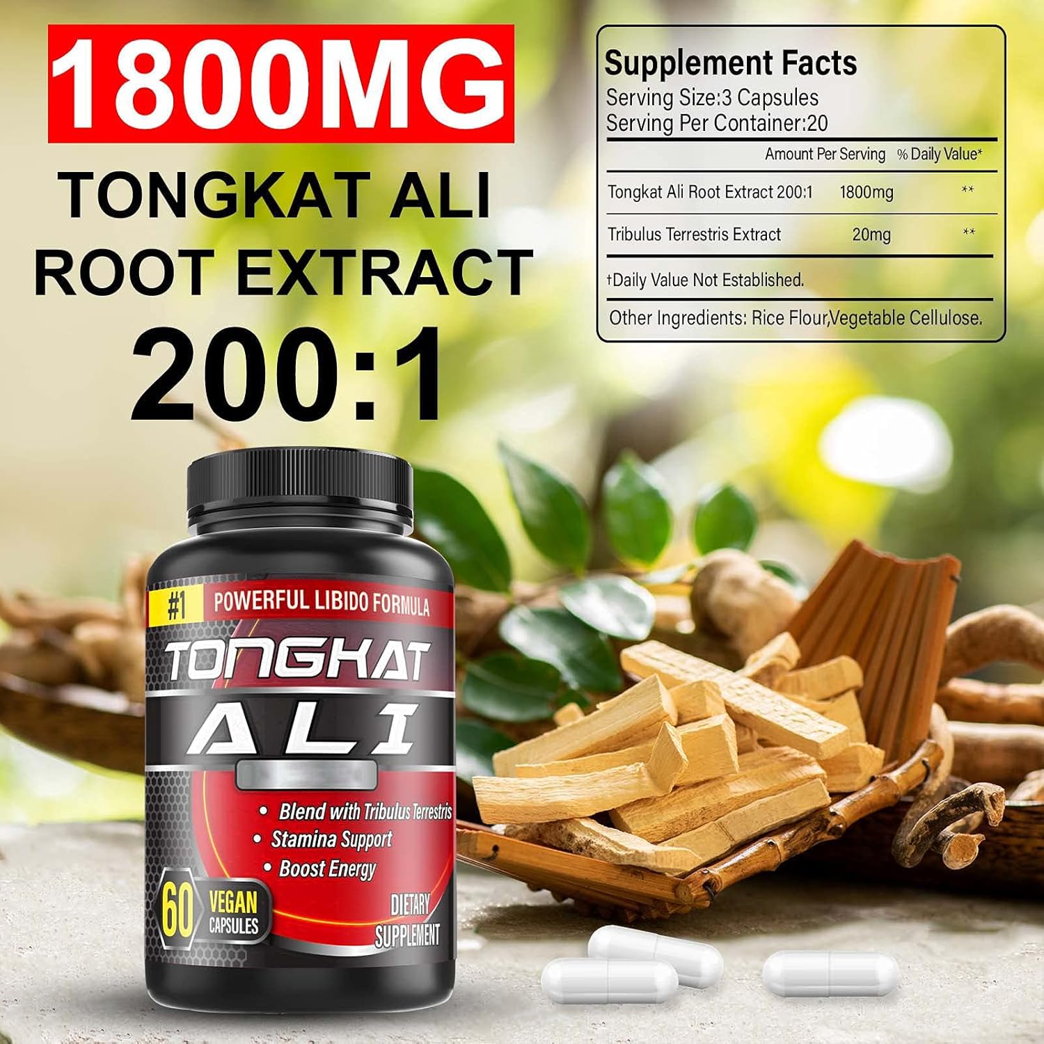 2 Pack Tongkat Ali, Long Jack, Testosterone Booster for Men,Herbal Formula 1800mg 120 Capsules 40 Days Supplement : Health & Household