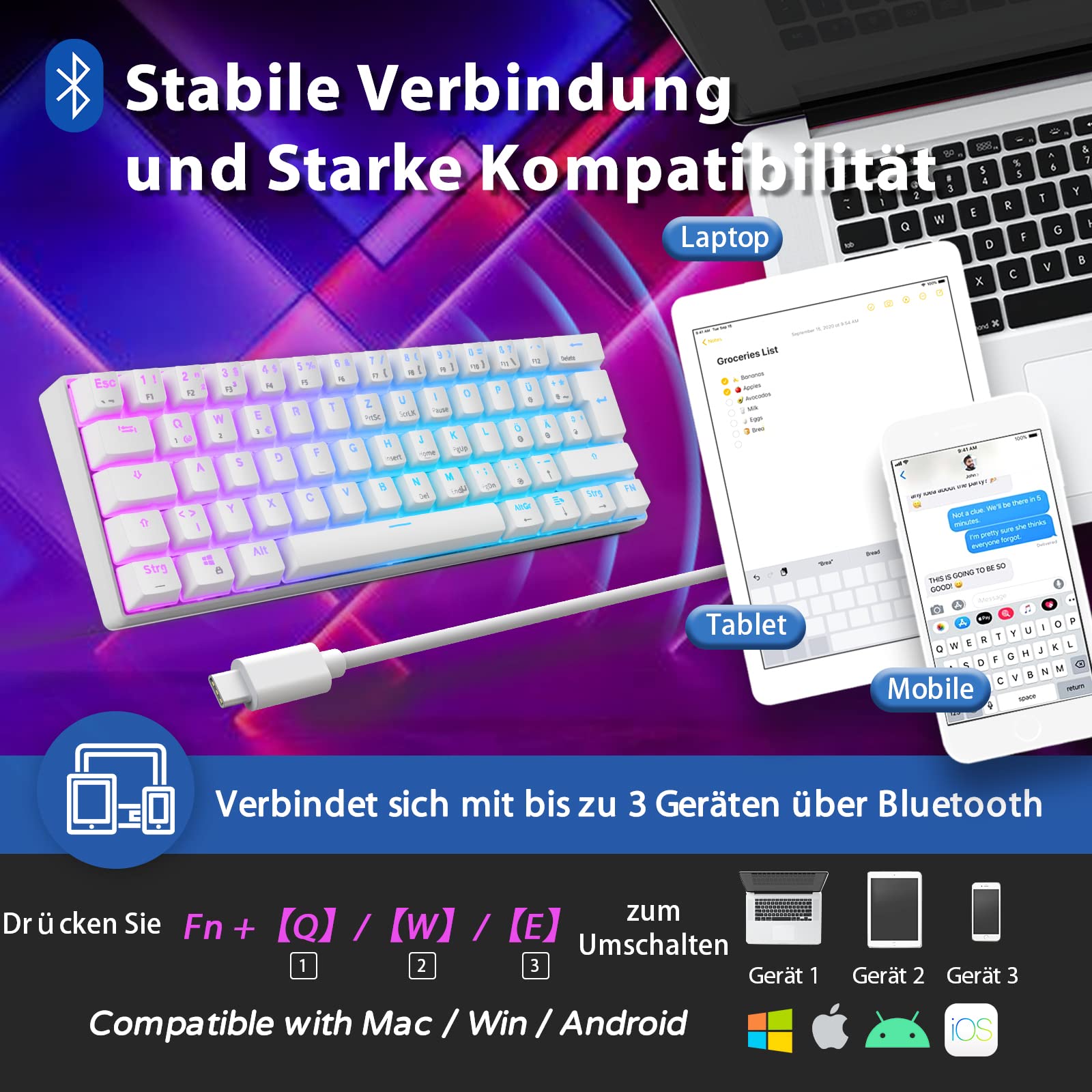 RK61 Mechanische Gaming-Tastatur, 2,4 GHz Kabellose/Bluetooth/Verkabelte 60% Mechanische Tastatur 61 Tasten, Hot-Swap-fähiger Roter Schalter mit RGB Kompatibel für Win/Mac, Weiß (QWERTZ)