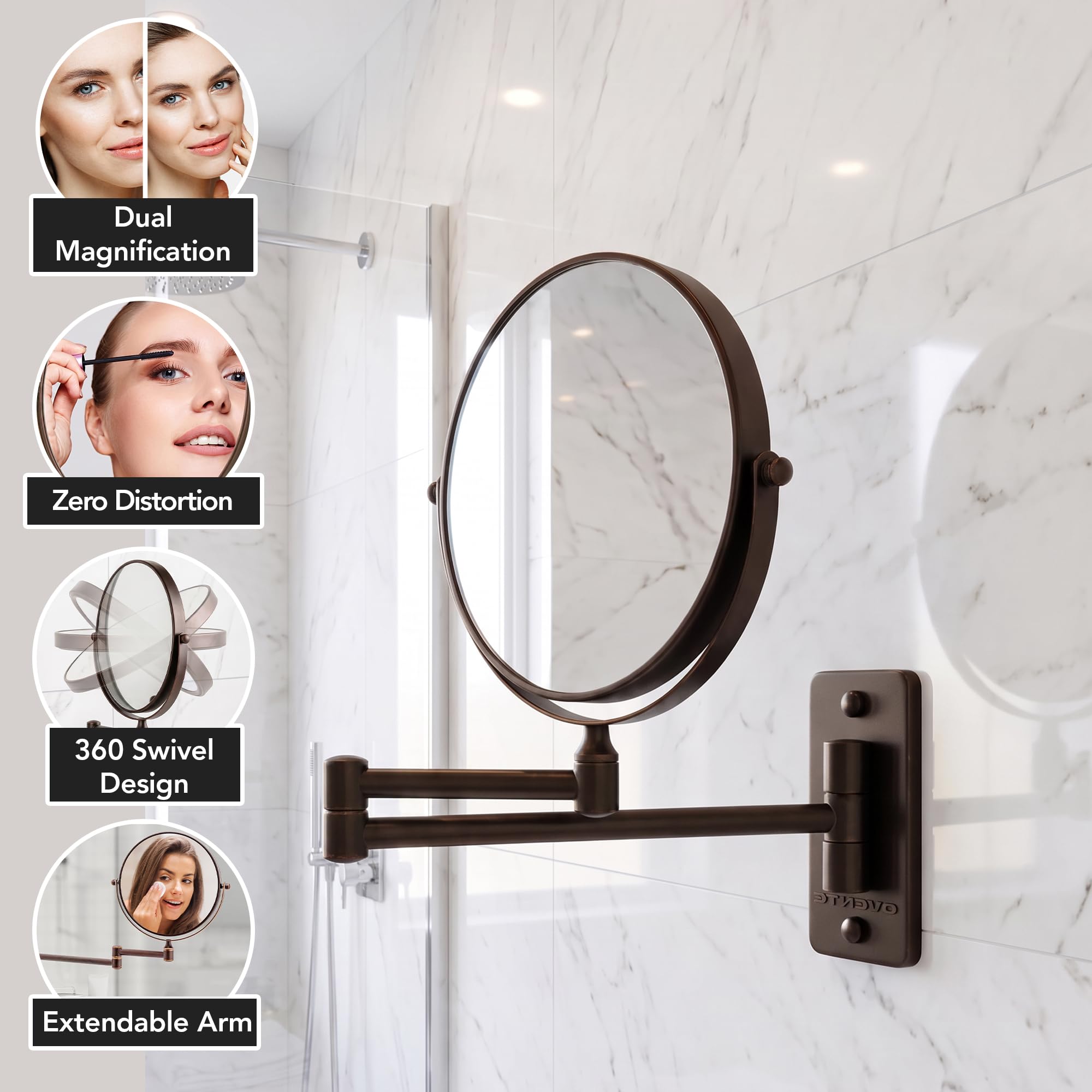 OVENTE MNLFW70ABZ1X7X Wandmontierter Make-up-Spiegel, 1-/7-fache Vergrößerung, doppelseitig, runder Schminkspiegel, 360° drehbares Design, ausziehbarer und klappbarer Arm, 17,8 cm, Antik-Bronze