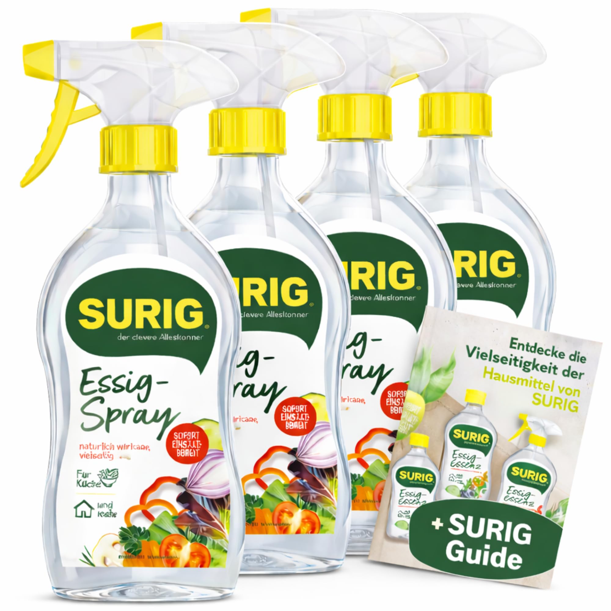 SURIG Essigspray 500 ml im 4er Set + Mini Guide - gebrauchsfertige Essigsäure 8% in Sprühflasche - zum Würzen, Säuern, Reinigen und Entkalken in Küche und Haushalt