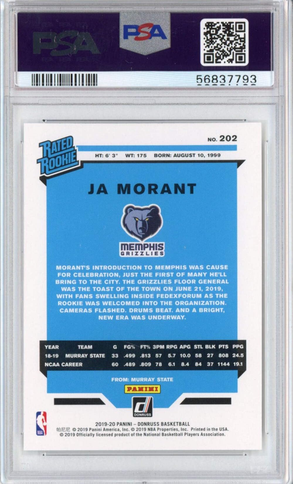 Amazon.com: Graded 2019-20 Panini Donruss Ja Morant #202 Rated