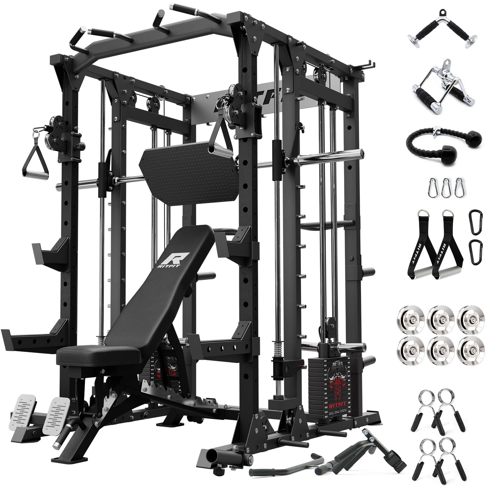 RitFit Buffalo Smith Machine with Steel Weight Stack, Home Gym Power Cage | 2x3 Steel Power Cage, Aluminum Cable Crossover & LAT Pulldown, Selectorized Weight Stack Black Package(With BWB01 Bench)