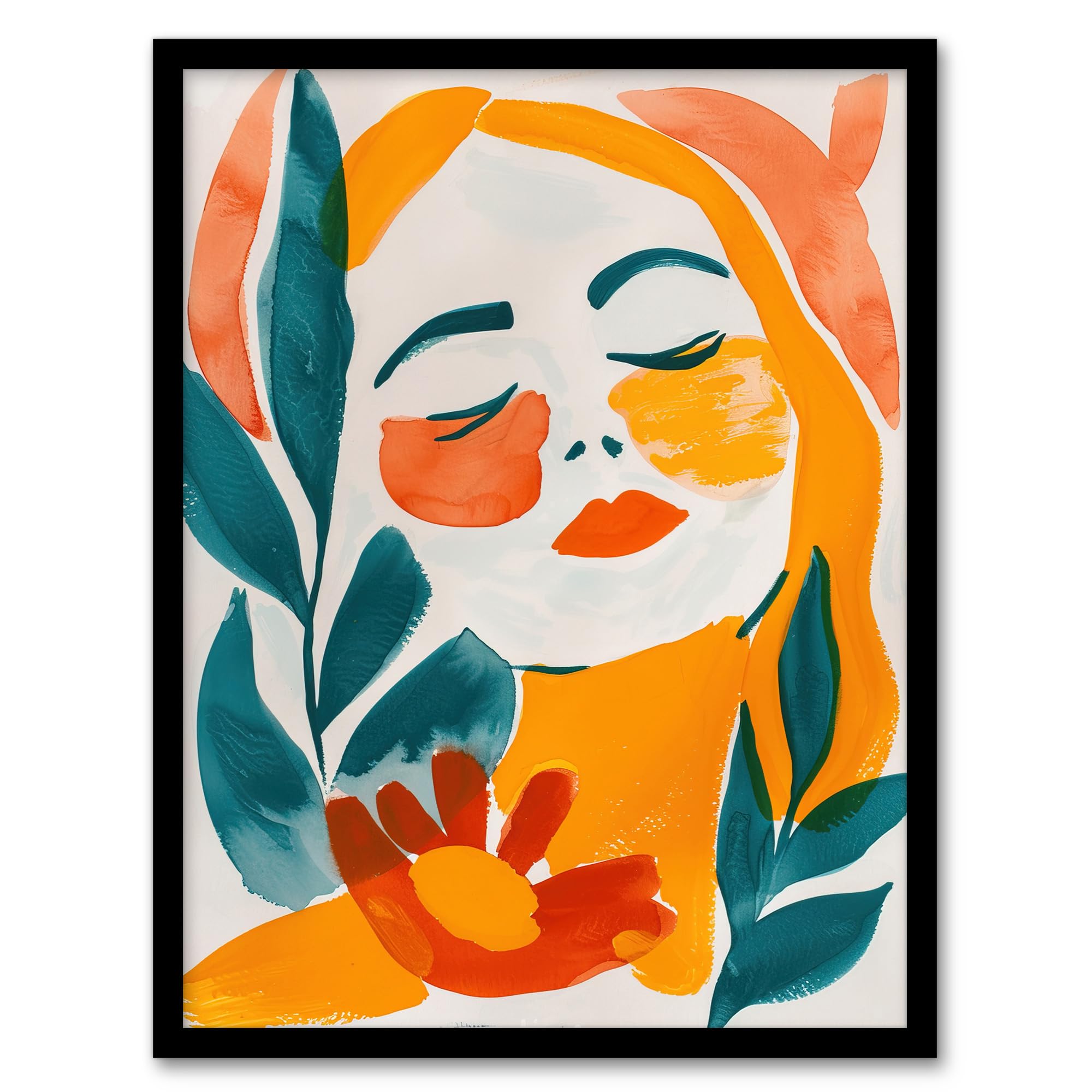 Artery8 Abstract Floral Female Portrait Orange Teal Boho Living Room Artwork Framed Wall Art Print A4
