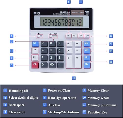 Miniatura 7 de M&G Calculadora de escritorio, pantalla LCD extragrande de 12 dígitos, energía solar dual y batería, calculadora de contabilidad con botón grande,