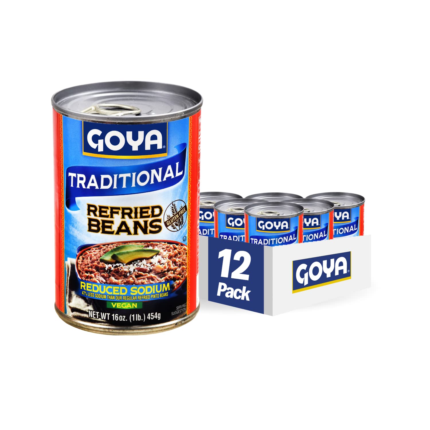 Goya Reduced Sodium Refried Pinto Beans, 16 oz Cans (Pack of 12) - Gluten-Free, Vegan, Authentic Mexican Flavor