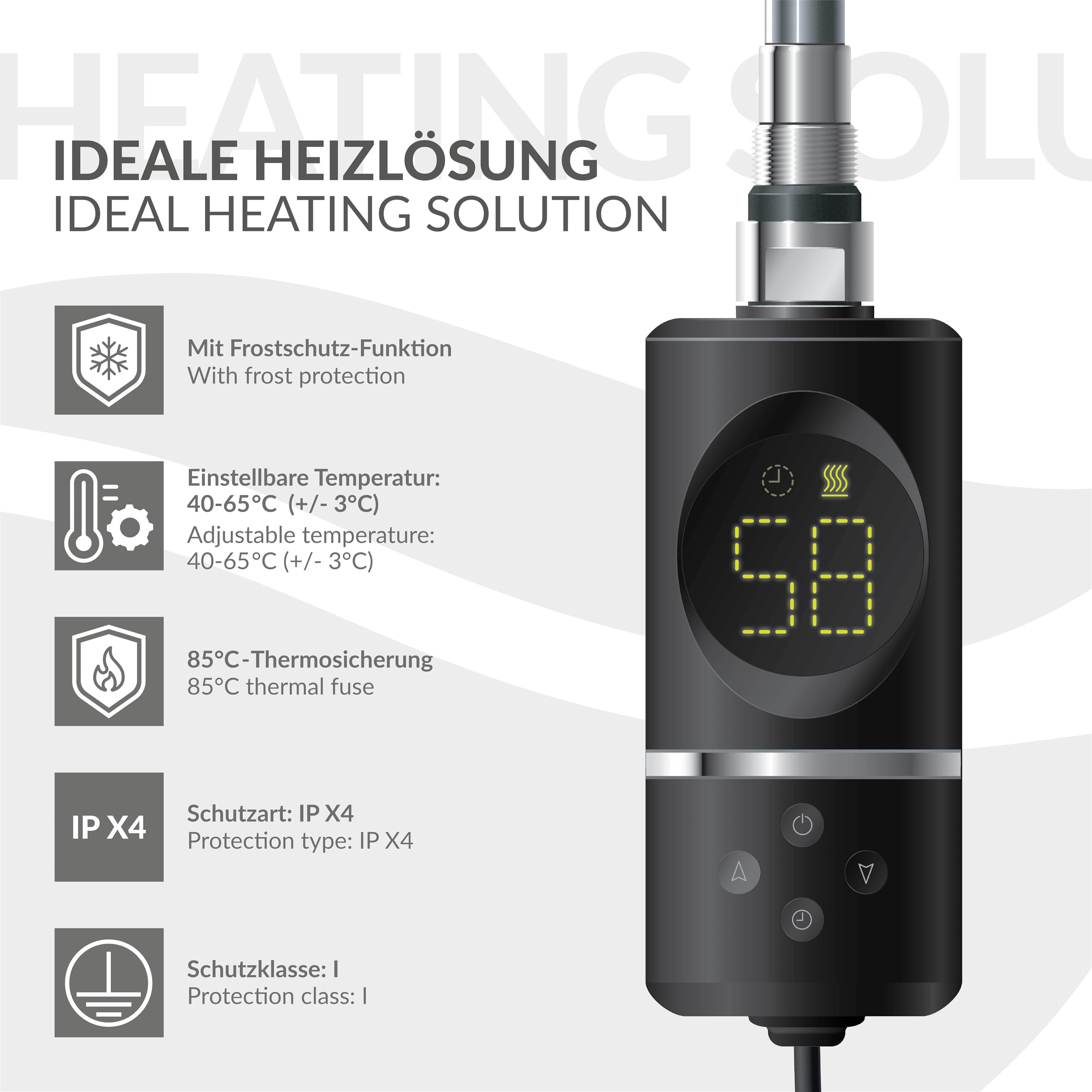 LuxeBath Elemento Calefactor Eléctrico 600W de Acero Inoxiable Negro para Radiadores, con Termostato y Pantalla Digital, Regulador Electrónico y Modo Temporizador, Calentador de Inmersión con Enchufe