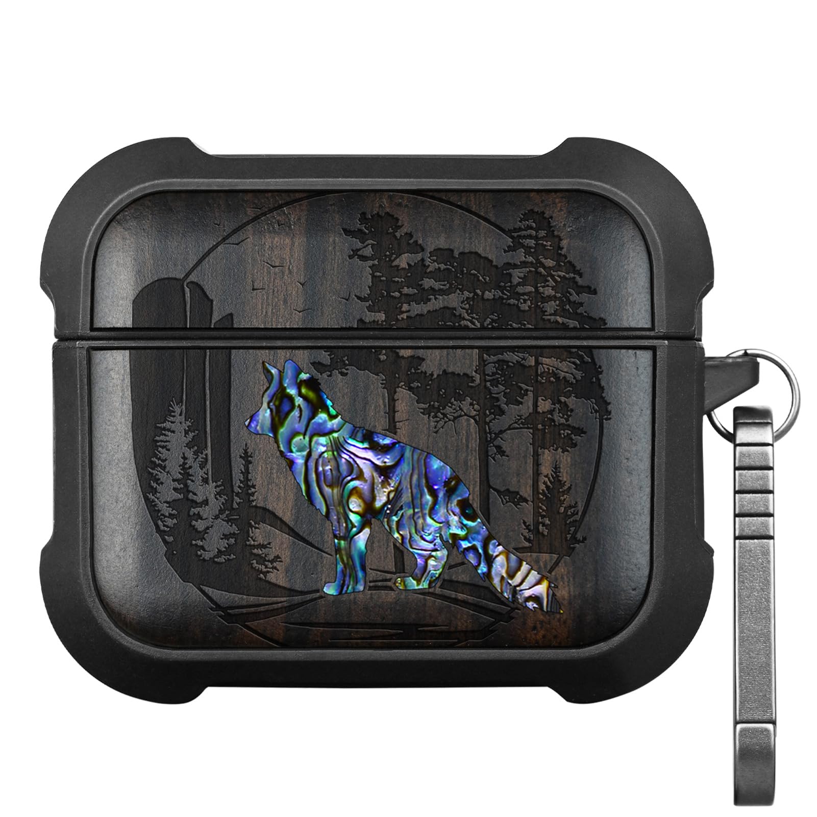 Carveit Etui kompatybilne z AirPods Pro 3 (2025), drewniany grawerunek i muszla, odporne na uderzenia twarde etui kompatybilne z Airpods Pro 3 (ciemne drewno lis i las)