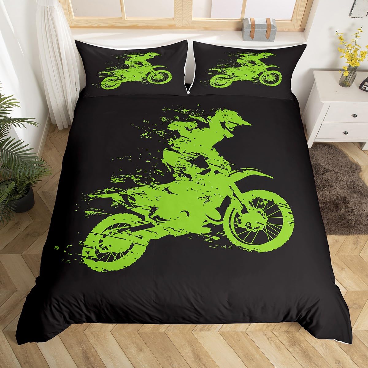 Loussiesd Motocross Rider Bedding Set for Girls Boys Children Extreme Sports Comforter Cover Dirt Bike Motorbike Duvet Cover Green Black Room Decor Bedspread Cover Junior/Cot Bed Size Bedding 2Pcs — image 1