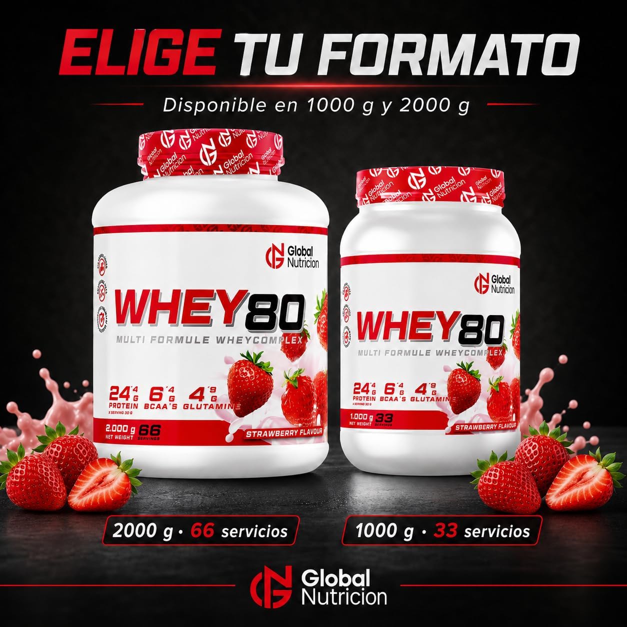GlobalNutricion Whey 80 Białko w proszku serwatki 2 kg Truskawka | Naturalne BCAA, Niskotłuszczowe i cukrowe, przyczynia się do wzrostu masy mięśniowej, Poprawia Twoje treningi
