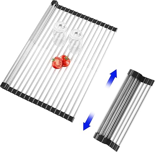 Miniatura 8 de Escurridor de platos enrollable, escurridor de platos extensible sobre el fregadero, estante de cocina de acero inoxidable con soporte para