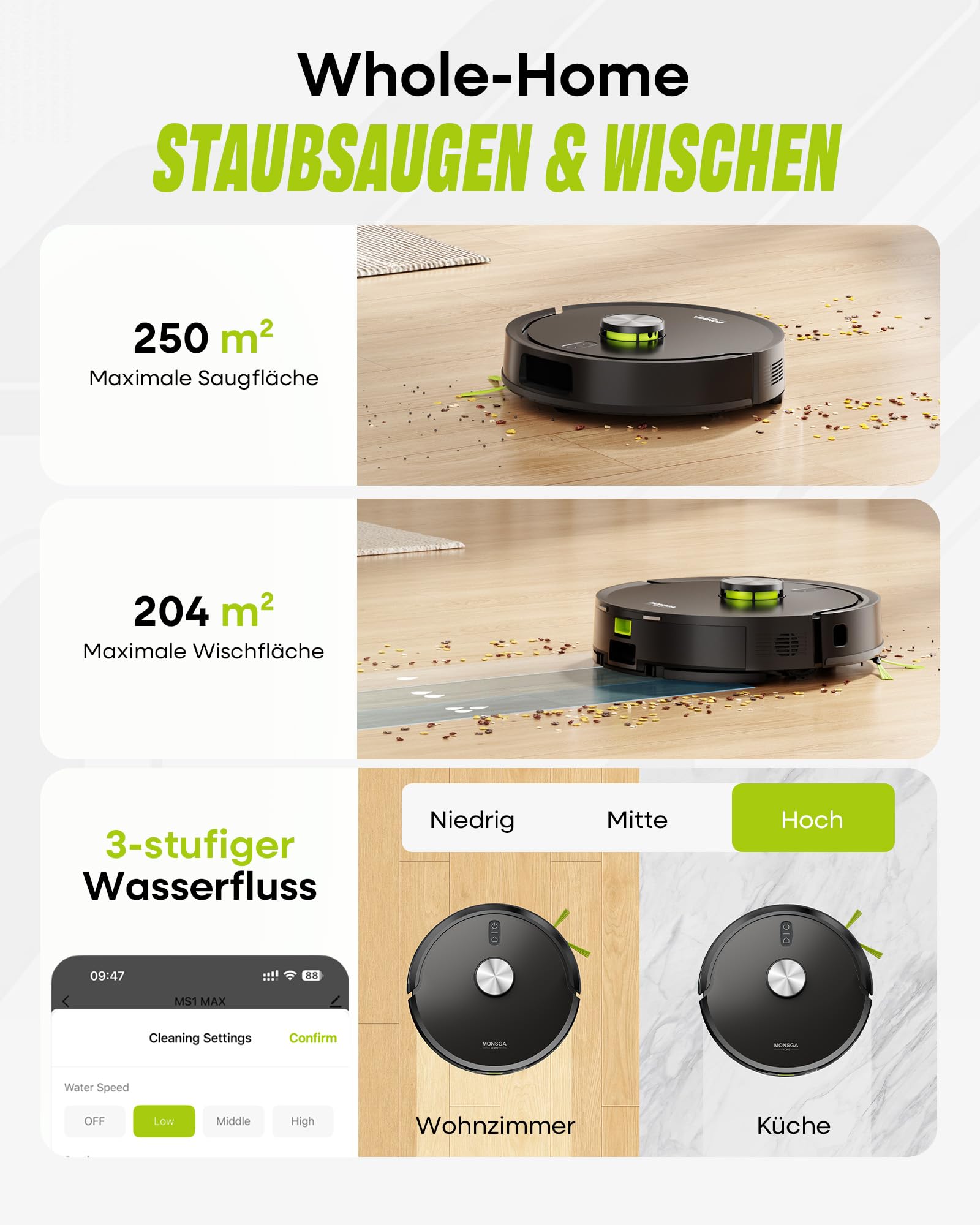 MONSGA Saugroboter mit Wischfunktion 8000PA, Staubsauger Roboter mit Absaugstation 4L, LiDAR Navigation,Dual Anti-Tangle System,4-in-1 Saug und Wischroboter ideal für Teppich Tierhaare, APP Steuerung