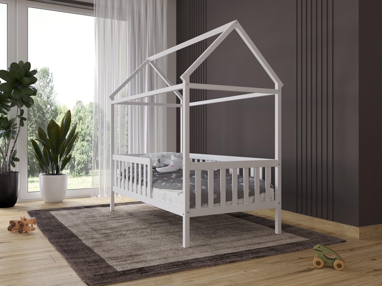Love For Sleep Cuna Convertible en Cama 160x80cm Cama con Forma De Casa, Estructura De Cama Infantil, Cama Acogedora para Niños Pino JUNBED Juego Completo de Cuna - Cuna Cama Bebe Convertible