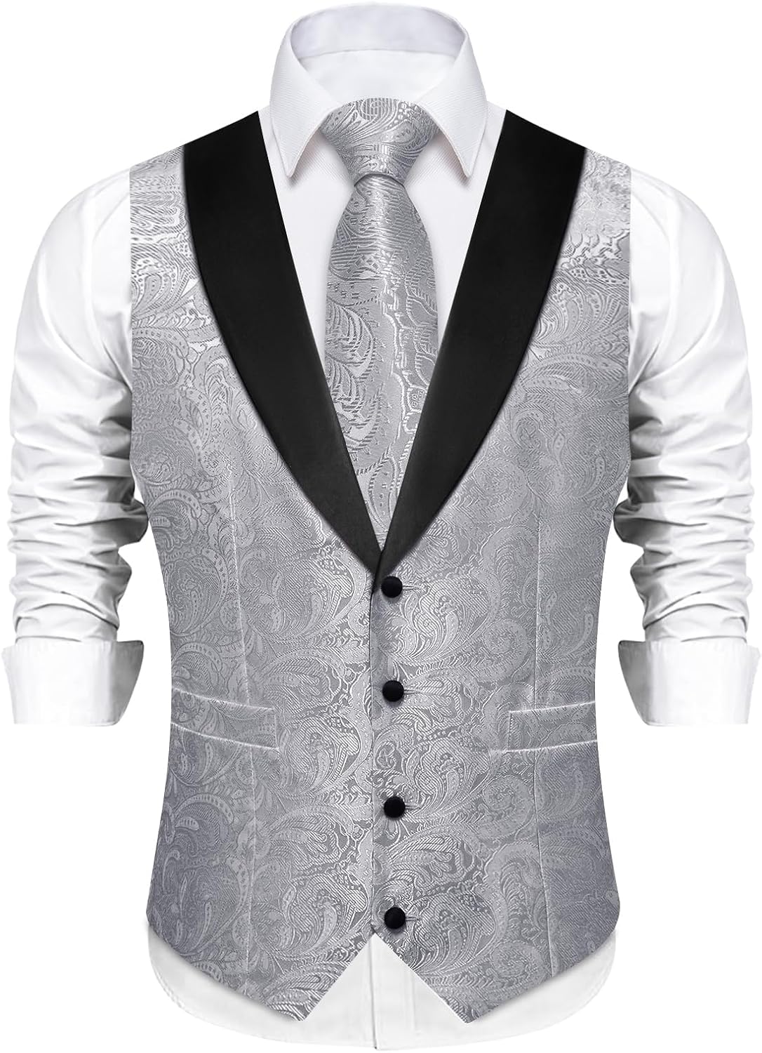 DiBanGu Mens Silk Vest and Tie Set 7PCS Paisley Suit Waistcoat and Necktie with Lapel Pin for Wedding Shawl Collar Dress Vest - Image 2