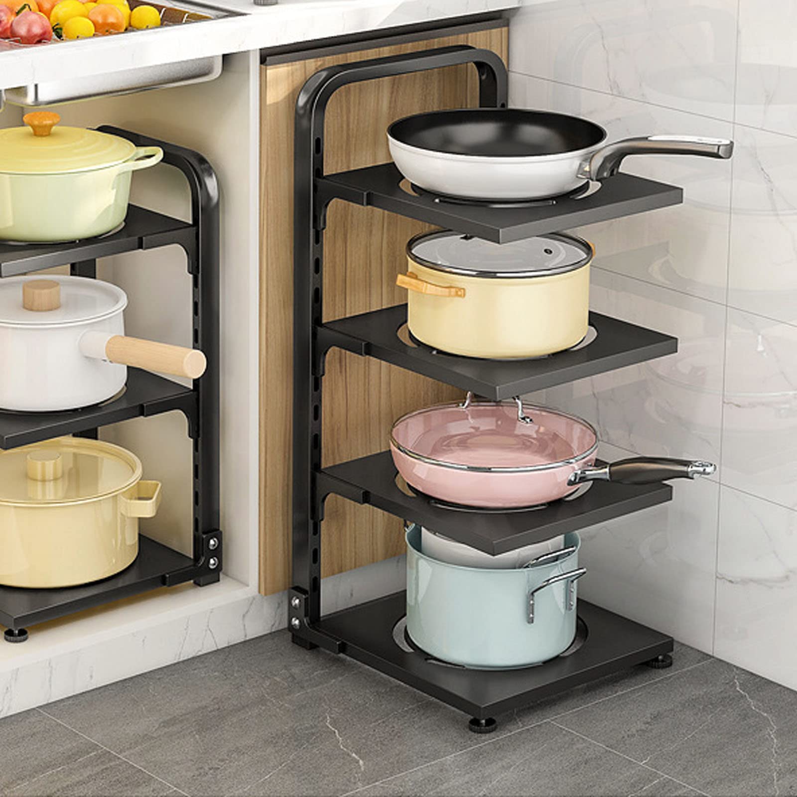 4-Layer Adjustable Pot Rack, Heavy Duty Pan and Pot Lid Organizer with Adjustable Dividers. Skillets, Griddles and Shallow Pots Rack Holder for Under Cabinet or Counter. Save Kitchen Storage Space