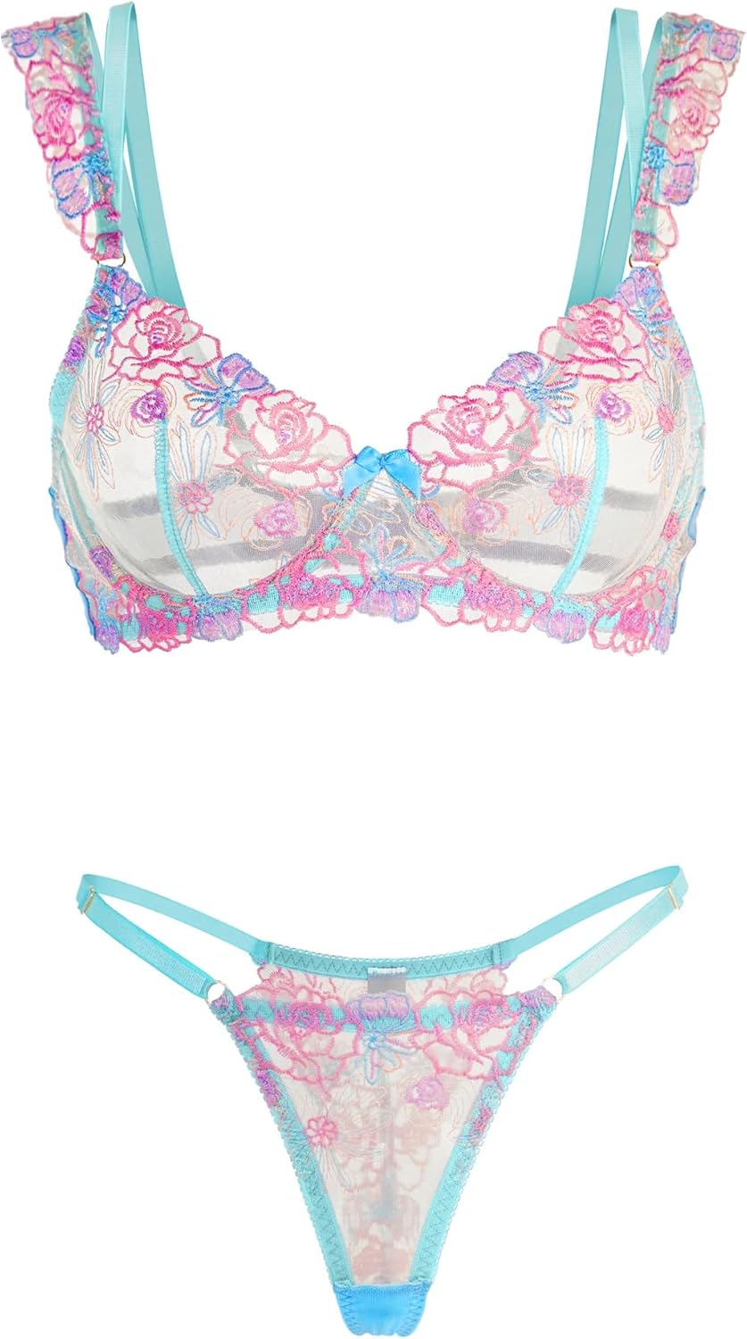 HELLOLAGIRL Blue Butterfly Bow Colorful Embroidered Flower Lingerie Set