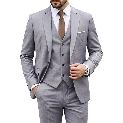 MY'S Men's 3 Piece Suit Set with Tie, One Button Slim Fit Solid Jacket Vest Pants, Prom Party Wedding Business Suits for Men