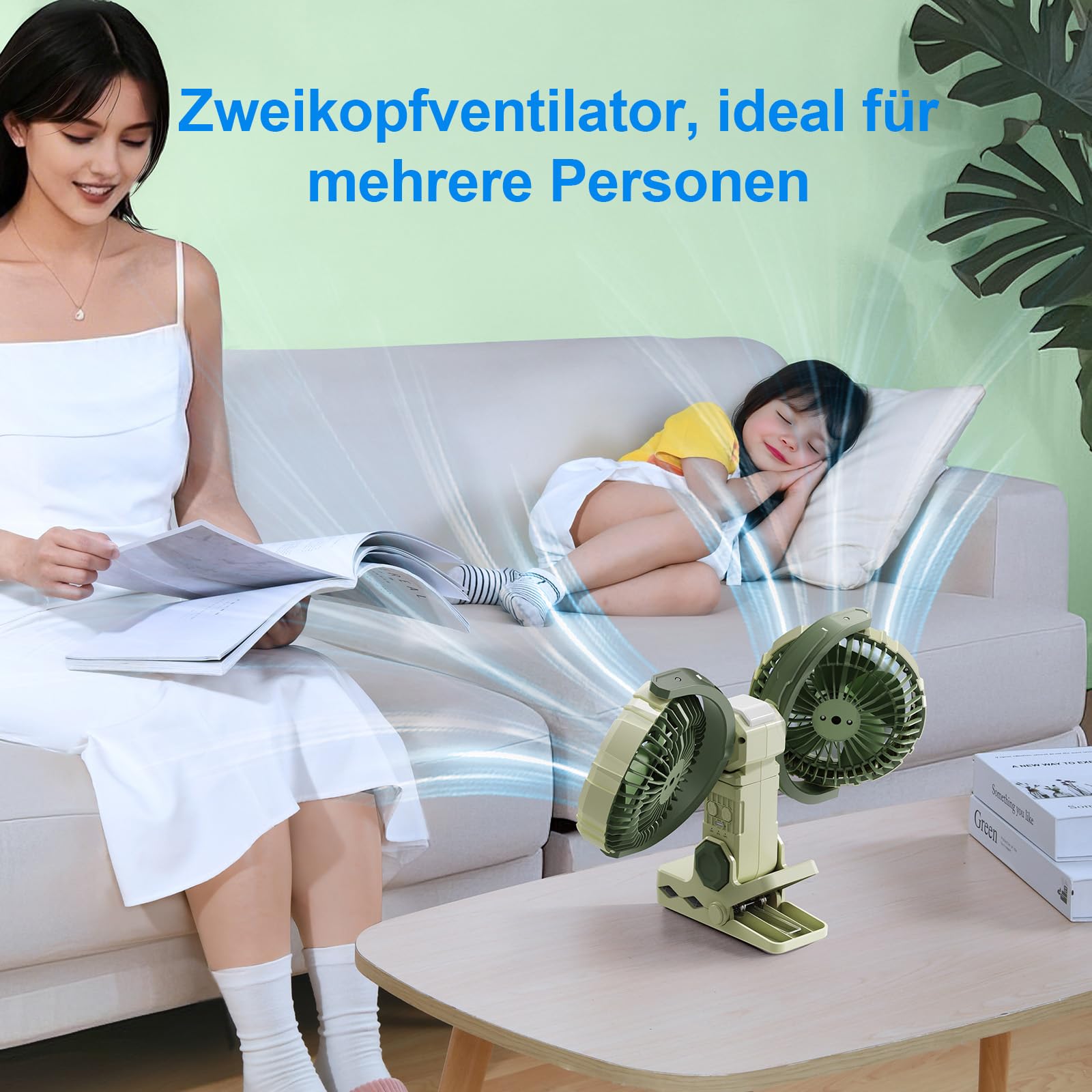 Ventilatore da tavolo a doppia testa con clip on a batteria, USB ricaricabile, rotazione a 360 gradi, ventilatore di raffreddamento personale silenzioso, può essere fissato ai veicoli, verde