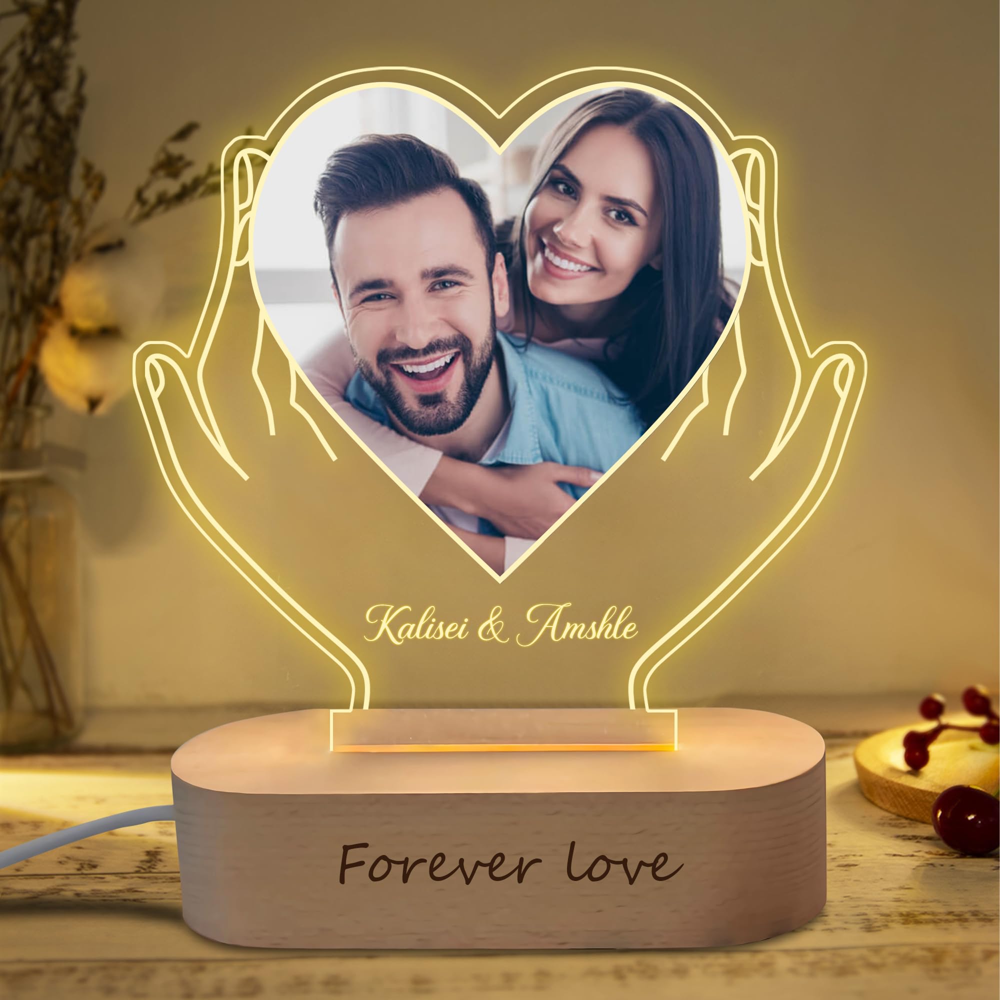 MHJUFGD Personalised Couple Photo Night Light Custom Text Light Up Picture Frame Acrylic Hands Holding Heart Photo Lamp Romantic Gift for Lover Girlfriend Mom Family Birthday Anniversary (Style 1)