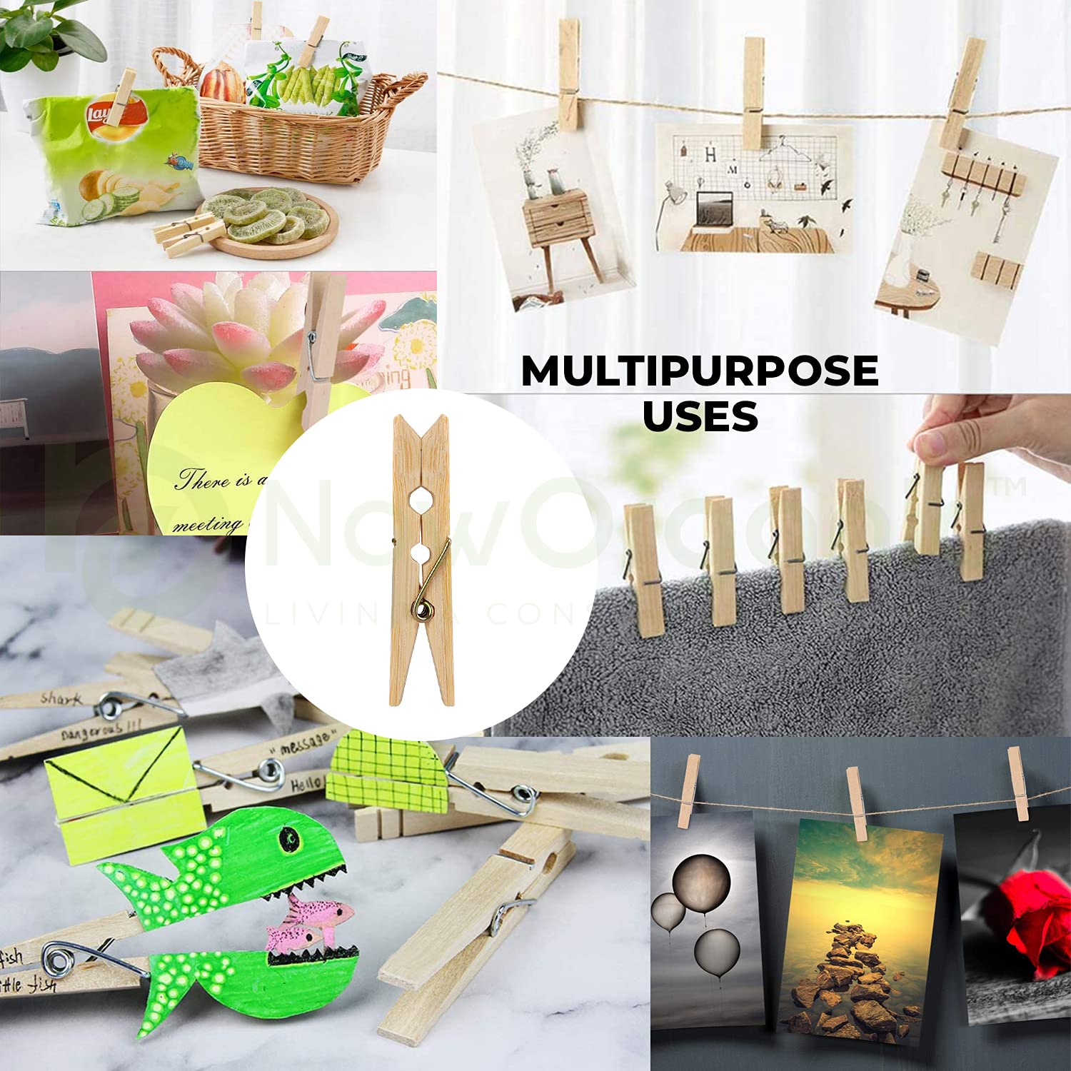 Now Organic Premium Heavy Duty Bamboo/Wooden Cloth Clips/pegs of 50 Clips Inside Free Reusable Muslin potli Small Size Single Pack of (1) (100) 3