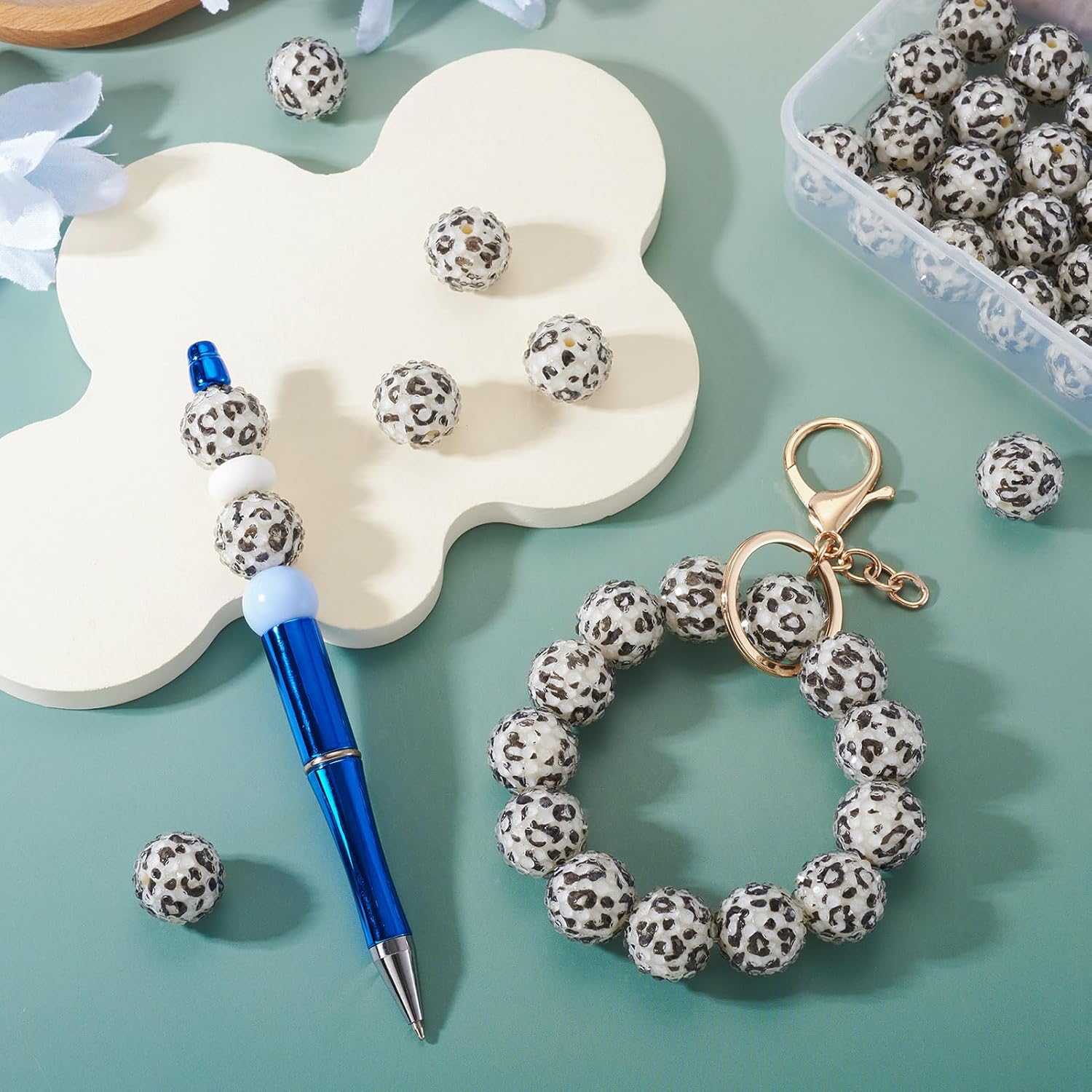 FASHEWELRY 30pcs Leopard Print Resin Rhinestone Bubblegum Beads 18mm Round Disco Gumball Animal Bead Baseball Necklace Beads for Beadable Pen Lanyards Keychain Jewelry Making Supplies Beige - Image 2