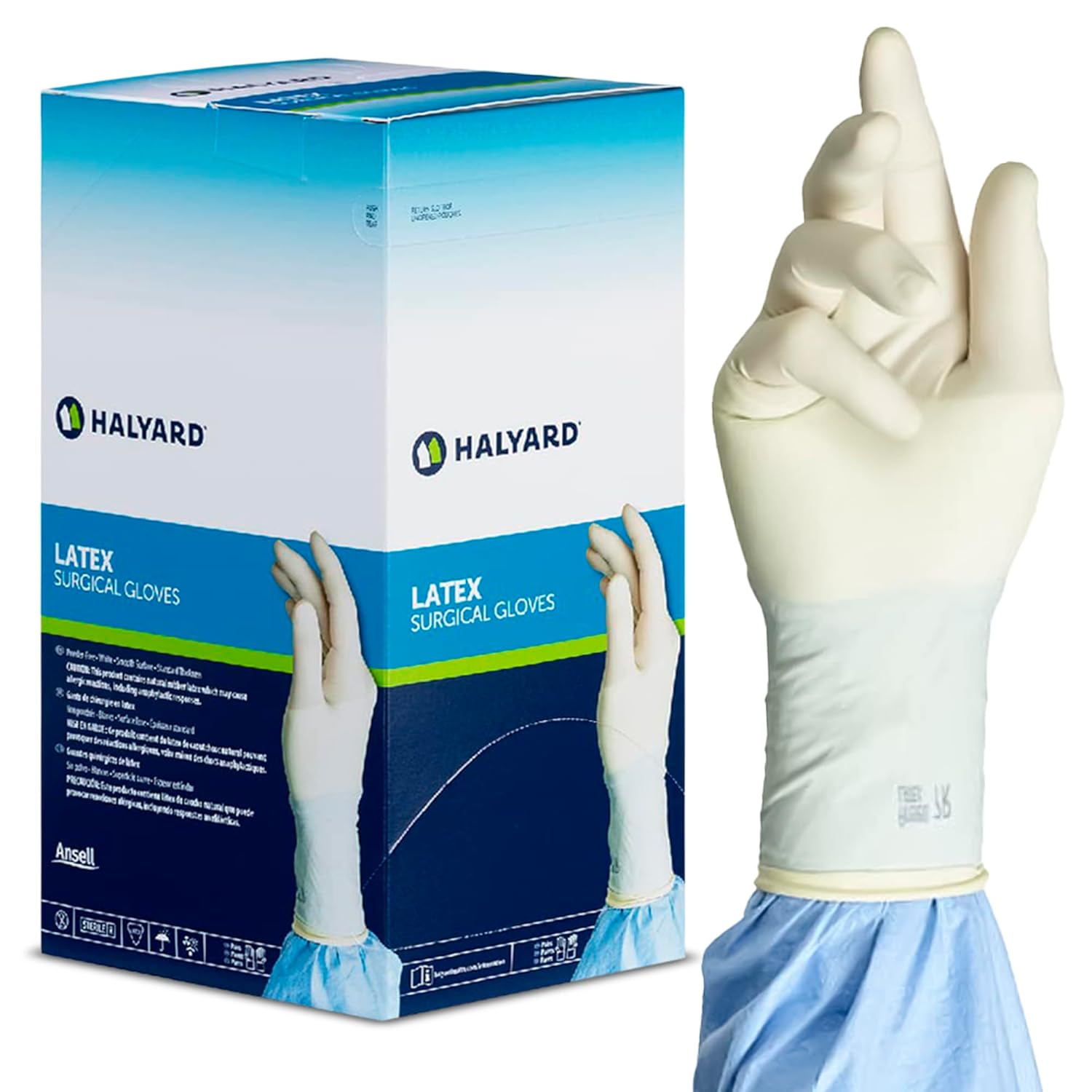 HALYARD Surgical Gloves Latex Sterile Individually Wrapped Pairs Powder Free Medical Disposable Gloves, 8.7 mil, Size 7.5 Medium, Cream, SGL65075 (Box of 50 Pairs - 100 Total)