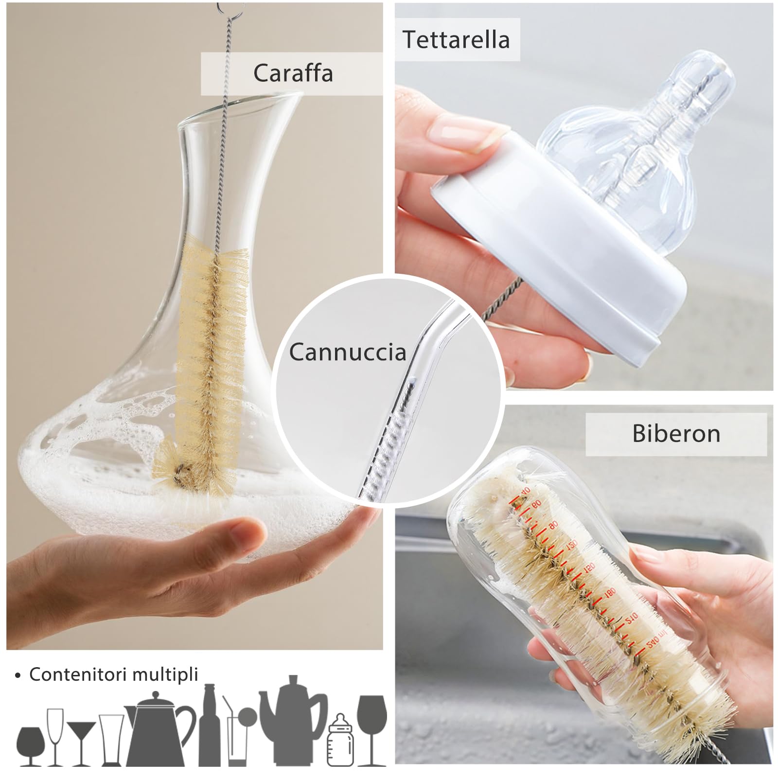 MASTERTOP Set 9 Spazzola per Bottiglie, Spazzole per Bottiglie Lungo, Scovolino per la Pulizia del Lotto per Bottiglia, Tazza, Vetro, Cannuccia, Thermos e Contenitori Vari