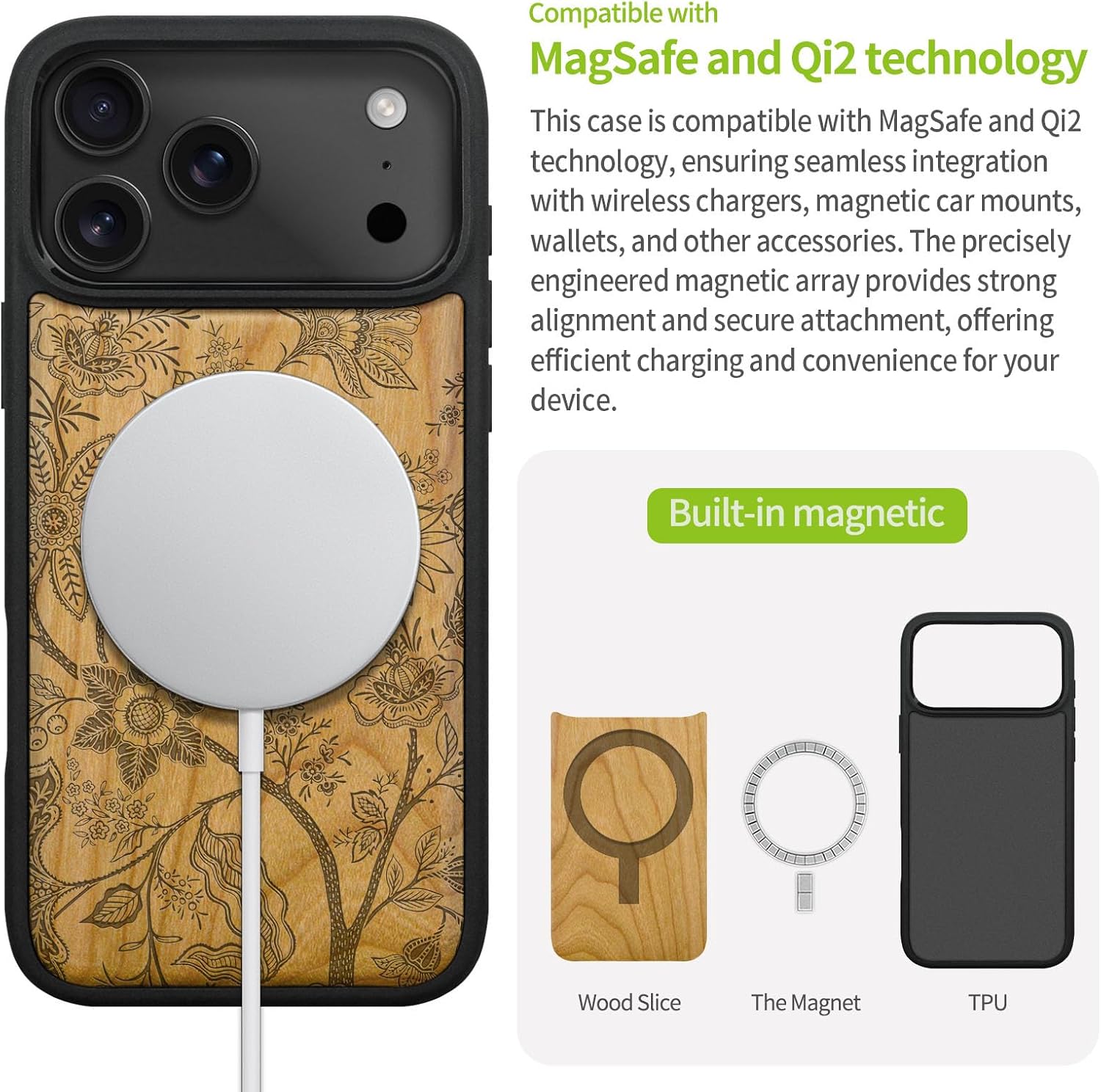 Carveit Magnetic Wooden Case for iPhone 17 Pro Case, Wood Artisan Engraved & Black Soft TPU Shockproof Cover, Compatible with MagSafe Wireless Chargers (Floral Wallpaper) Cherry