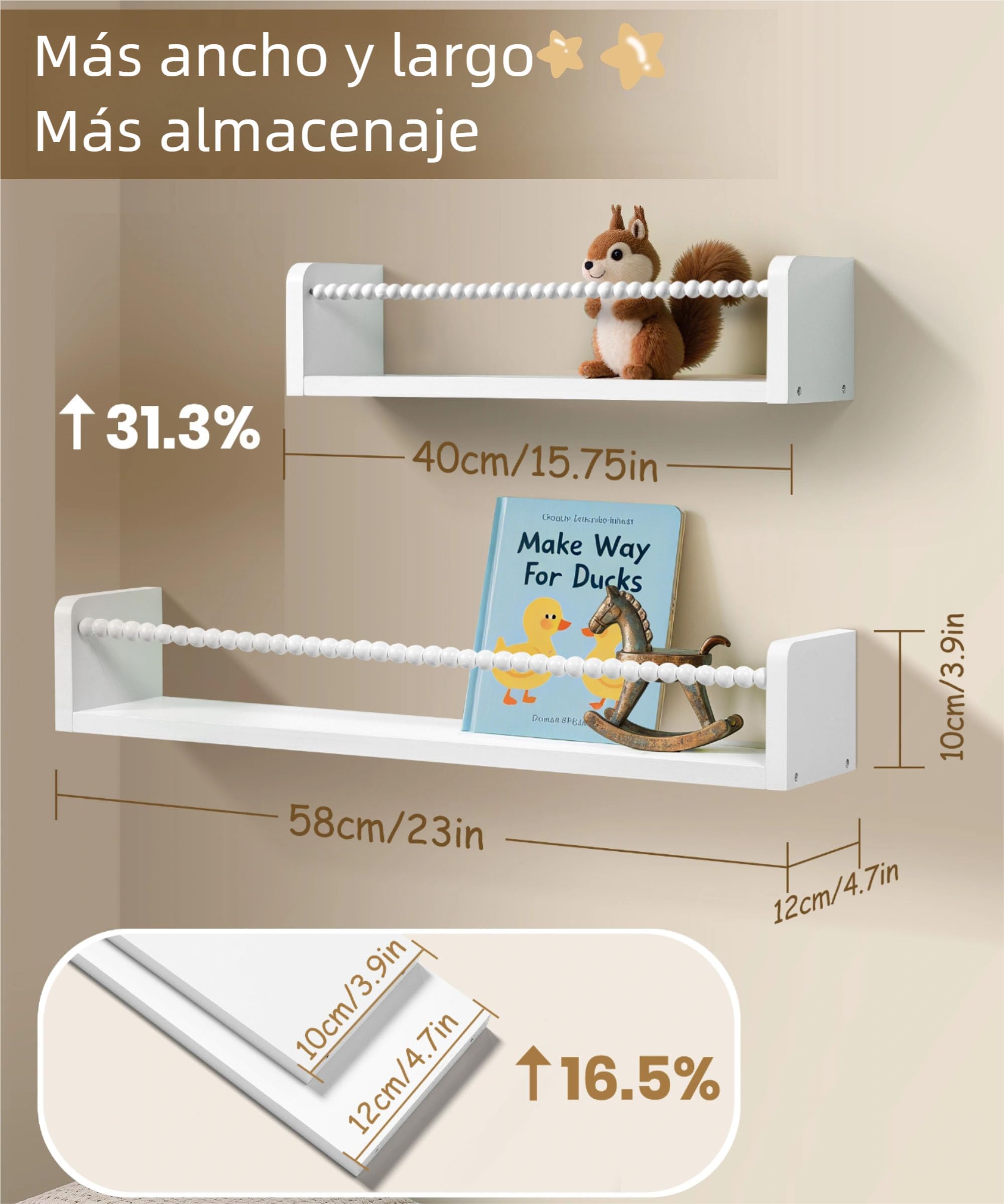 Estantería Infantil, Libreria Infantil Blanca con Barra de Perlas | 58cm Estanteria Libros Infantil Juego de 3, Biblioteca, Almacenaje, Decoración, para Libros, Juguetes para Cuarto Infantil