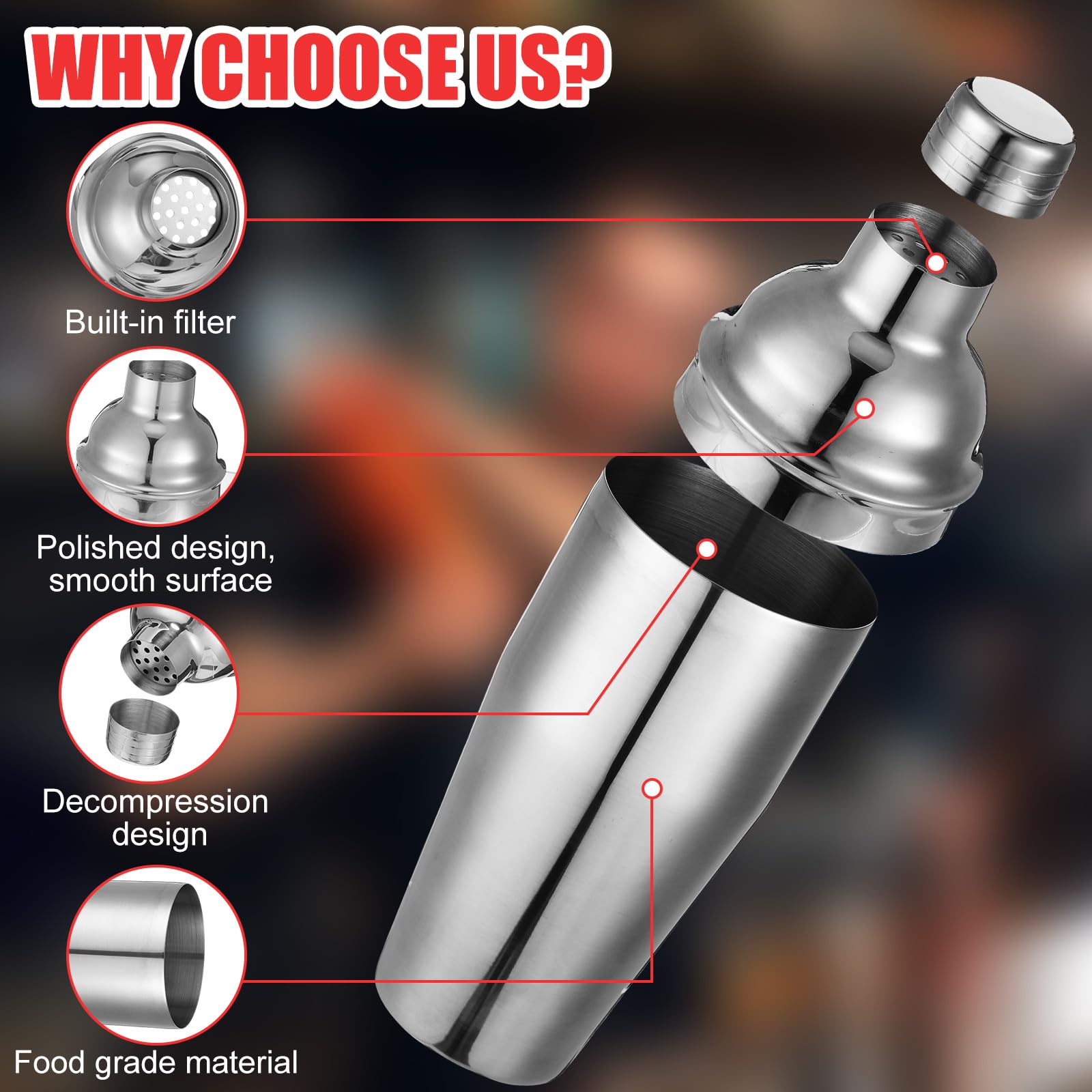 Nitial 6 cocteleras profesionales de acero inoxidable con colador integrado para camareros, coctelera Boston para bar, fiesta, herramienta de mezcla de bebidas (708.7 g, plateado)