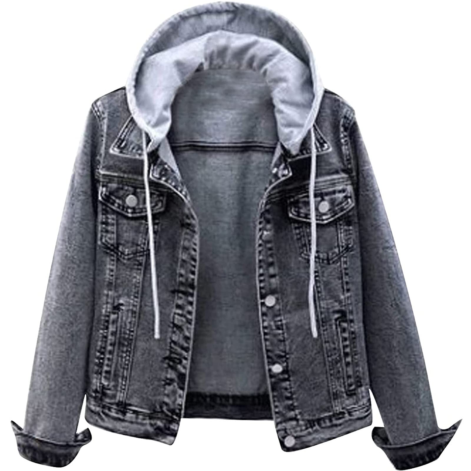 Chaqueta Mujer Invierno Abrigos De Cazadora Forro Polar，Chaqueta vaquera femenina con capucha extraíble abrigo corto desgastado botones bolsillo estilo holgado