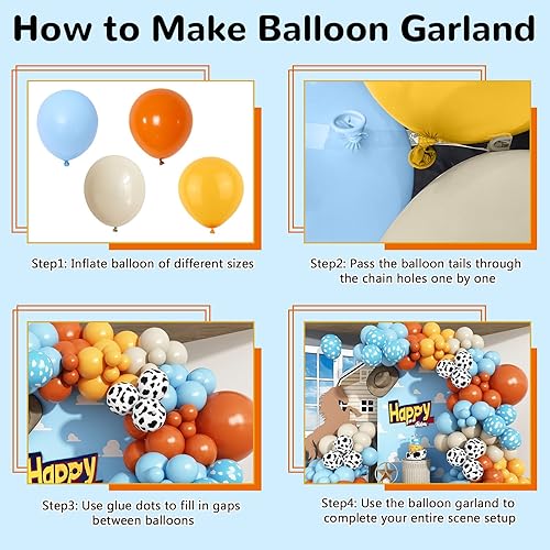 Miniatura 8 de Kit de arco de globos del oeste, 123 piezas retro naranja quemado pastel, azul mostaza, amarillo mostaza con estampado de vaca, globos de impresión