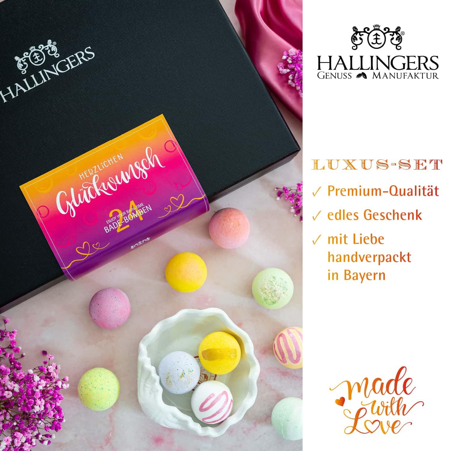 Hallingers Genuss Manufaktur Badebomben Glückwunsch-Geschenk-Set - 24x Badekugeln Bath Bombs, edle Geschenkbox, Frauen Badeperlen-Wellness & Spa ""Herzlichen Glüc..."", Geschenkidee für Frauen Männer