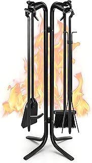 FEED GARDEN Hand Forged Iron Fireplace Tools Set 5-Piece Wrought Iron 28 Inch Fire Place Set Tools with Stand for Indoor Outdoor Heavy Duty Fireplace Accessories Poker, Tongs, Shovel, Brush, Base