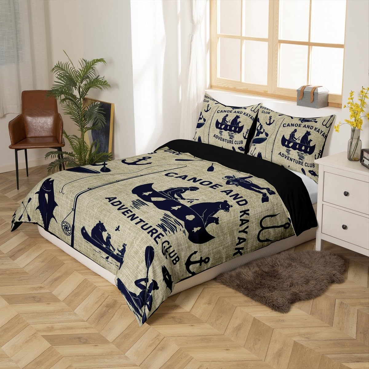 Homewish Zestaw pościeli dla dzieci i dzieci, kajak, jezioro, dom, dekoracja, poszewka na kołdrę, szczęśliwy kemping, poszewka na kołdrę, szczupak, ryba, niedźwiedź, dzika przyroda, łódź, wędka