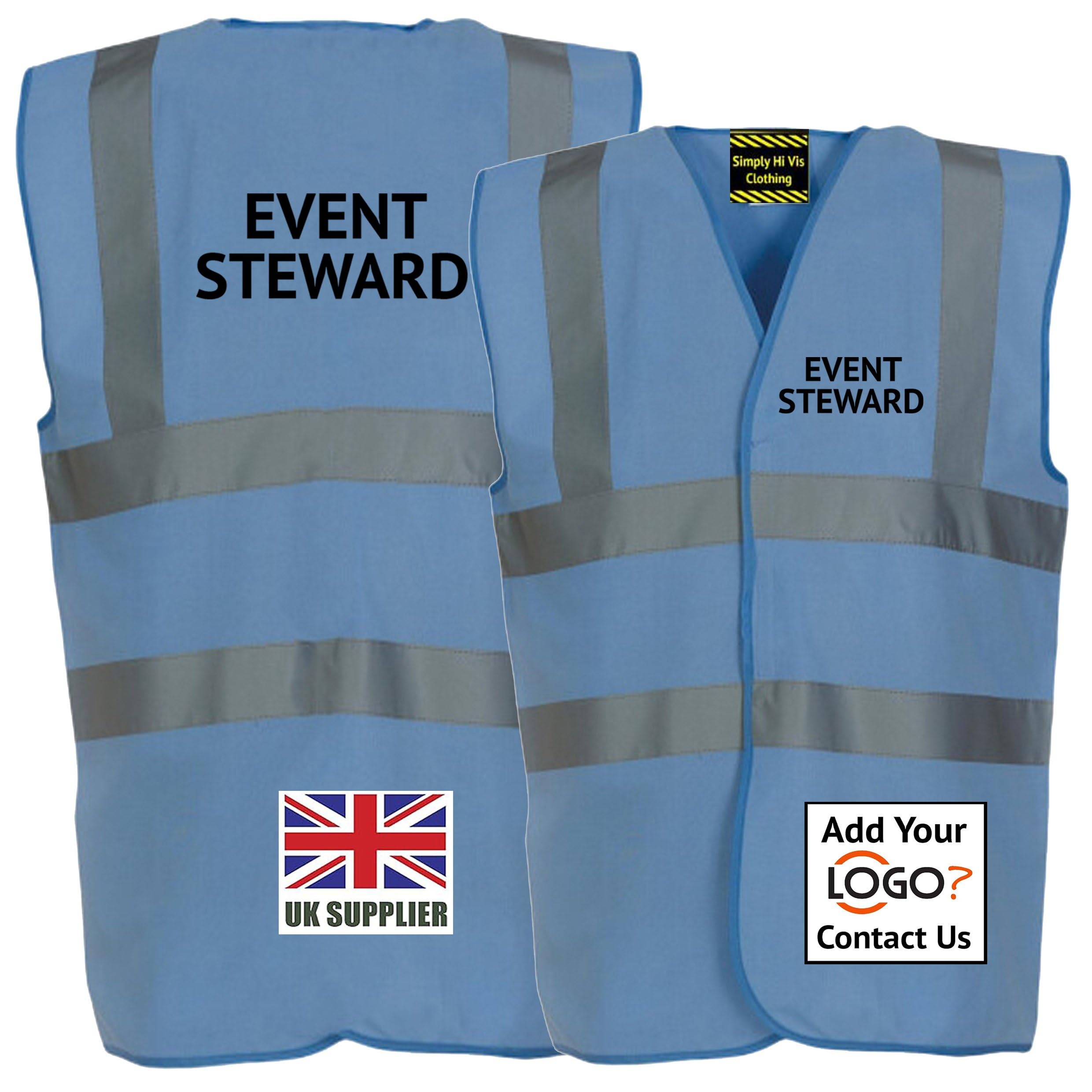 Sky Blue Hi Vis Vest EVENT STEWARD Waistcoat EN ISO 20471 supplied by Simply Hi Vis Clothing UK