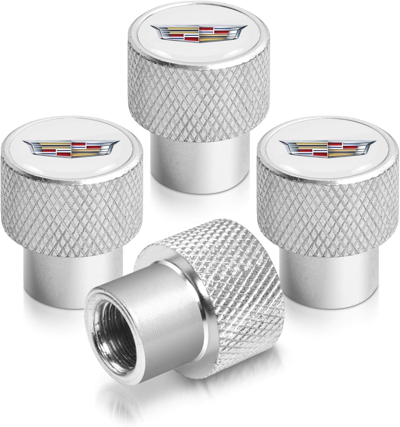 iPick Image for Cadillac Crest Logo in White on Shining Silver Easy-Grip Aluminum Tire Valve Stem Caps - Official Licensed