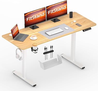 140x60cm Electric Height Adjustable Standing Desk, Sit Stand Desk with Cablemanagement, Computer Desk With Hooks, Child Lock, Memory Function, Suitable For Office And Home - Maple