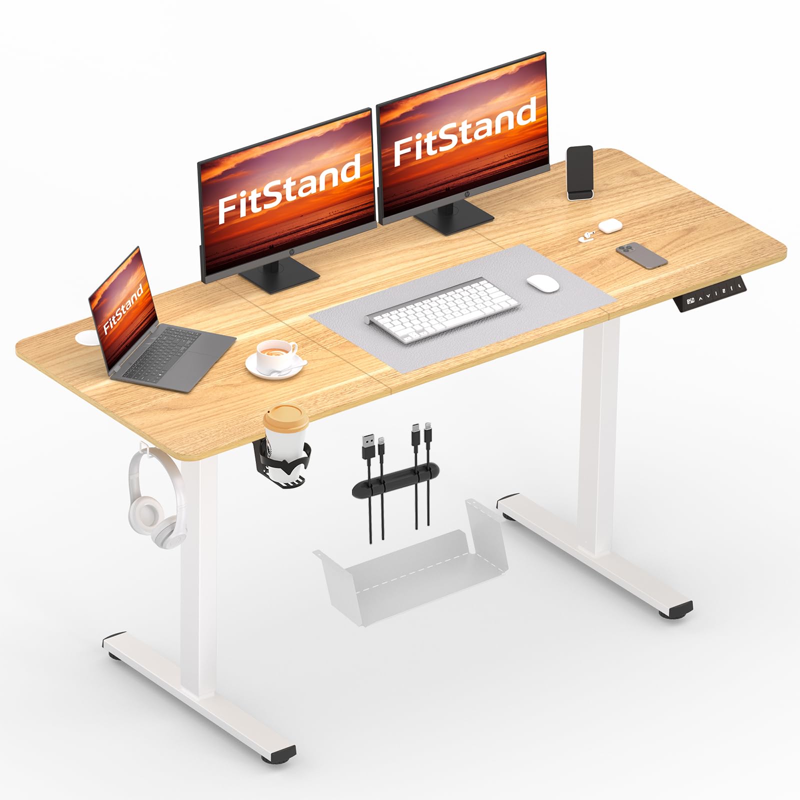 FitStand 140x60cm Electric Height Adjustable Standing Desk, Sit Stand Desk with Cablemanagement, Computer Desk With Hooks, Child Lock, Memory Function, Suitable For Office And Home - Maple