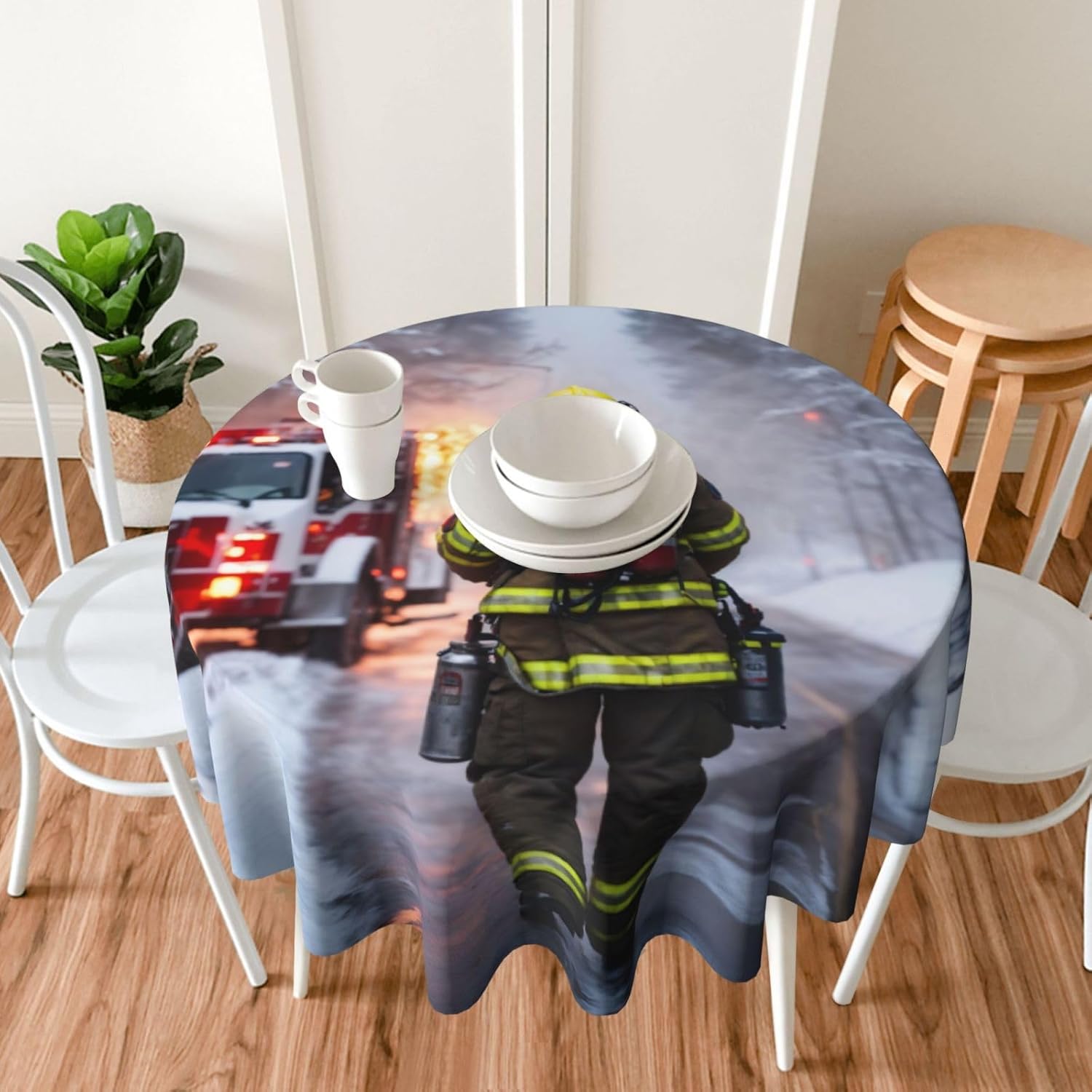 Firefighter Fireman Flame Print Wrinkle Free Dining Table Cover for Birthday Party Farmhouse Tablecloths Up to 60 x 60 Inches