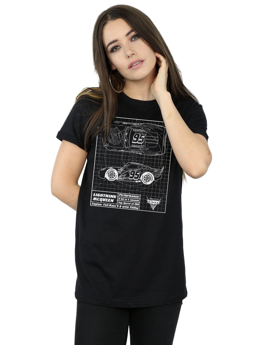 Disney Women's Black Cars Lightning Mcqueen Blueprint Boyfriend Fit T-Shirt Medium