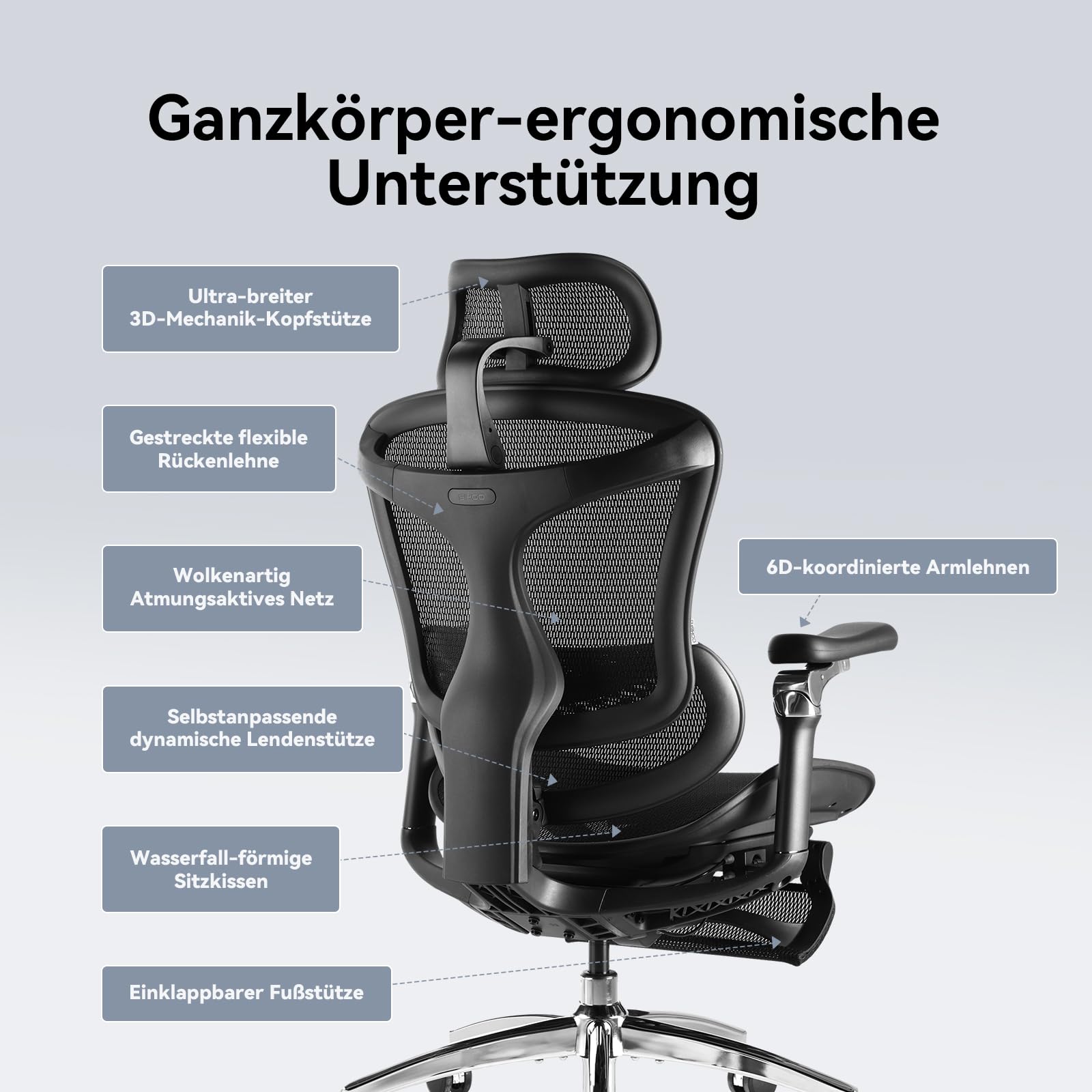 SIHOO Ergonomischer Bürostuhl mit dynamischer Lendenwirbelstütze, 3D-Armlehnen & verstellbarer Rückenlehne, Fußstütze für verbesserten Komfort, Schreibtischstuhl für Home Office, Doro C300 - Schwarz
