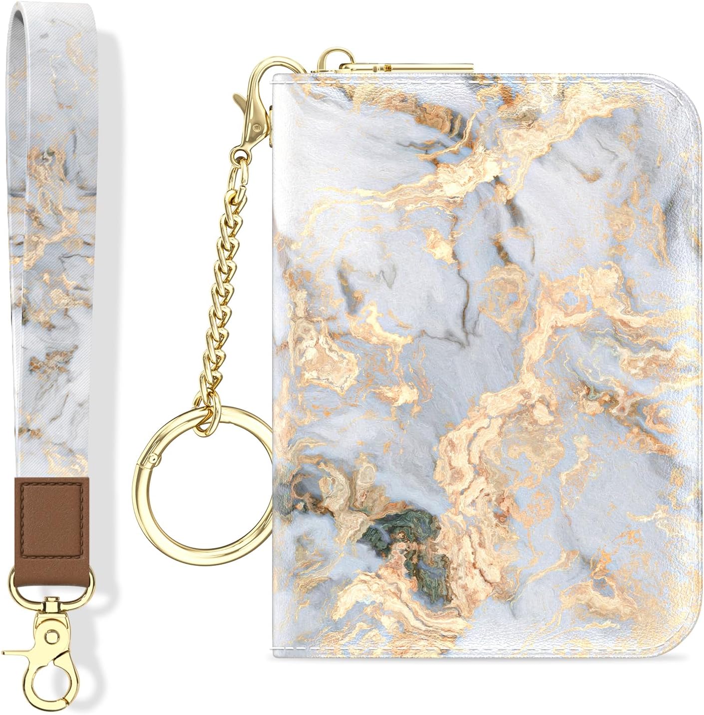 Aiawoxc Credit Card Holder, Small RFID Wallet Slim Leather Card Organizer Case with Zipper and Wristlet Strap, Grey Marble