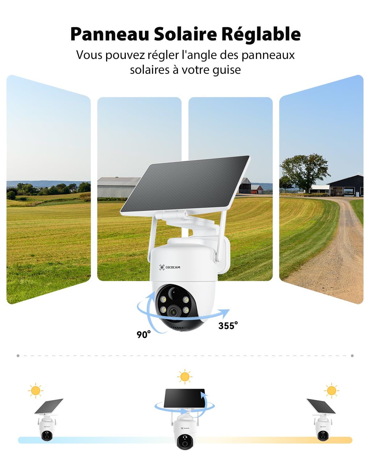 COCOCAM 4K 8MP Camera Surveillance WiFi Exterieure sans Fil | Batterie 10000mAh, Panneau Solaire Réglable 5W, Détection IA, Détection Humaine PIR, 355°P 90°T, Wi-Fi 2,4 GHz, IP66, Wi-Fi 6