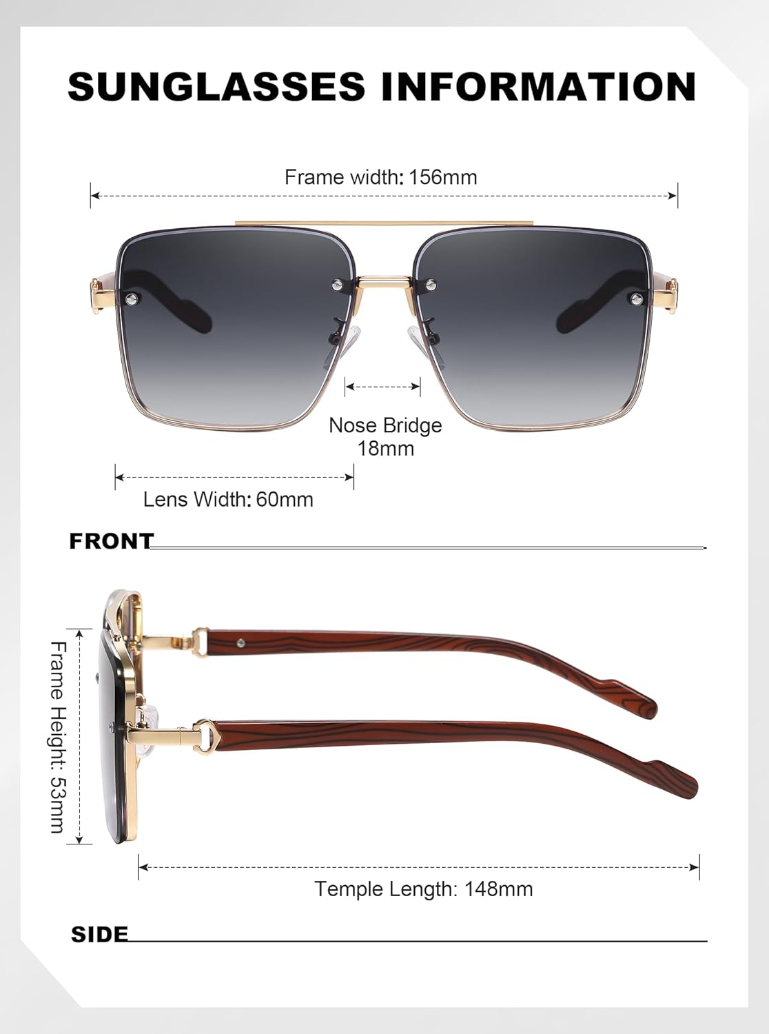 Oversize Classic Mens Sunglasses Square Gold Frame Large Head Shades for Men UV 400 Protection Sunnies(7563) - Image 3