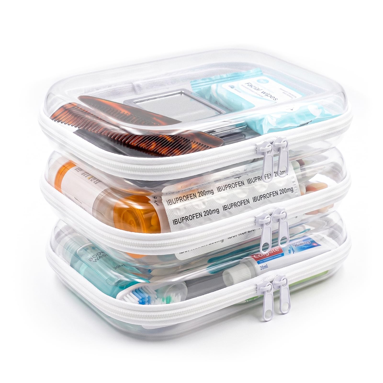 Diravo 3 custodie trasparenti rigide con cerniera, sacchetti trasparenti con cerniera, per articoli da toeletta da viaggio, custodia in plastica trasparente per cosmetici e giocattoli, Trasparente, 3M